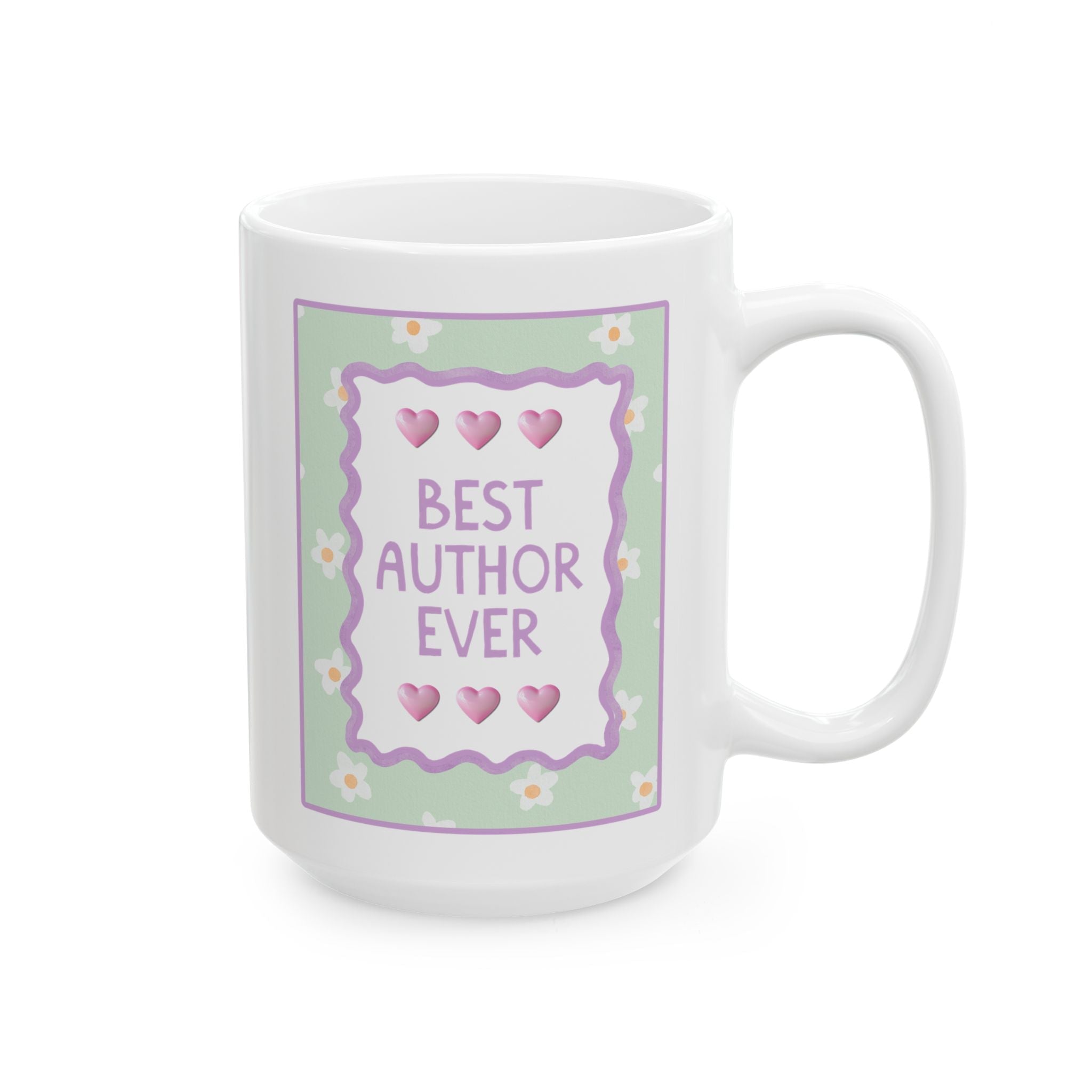 Best Author Ever Coffee Mug: 15 Oz Mug for Coffee Lover | Pastel 90s Aesthetic Floral Mug with Hearts, Gift from Reader, Mug for Writer - Opal and June