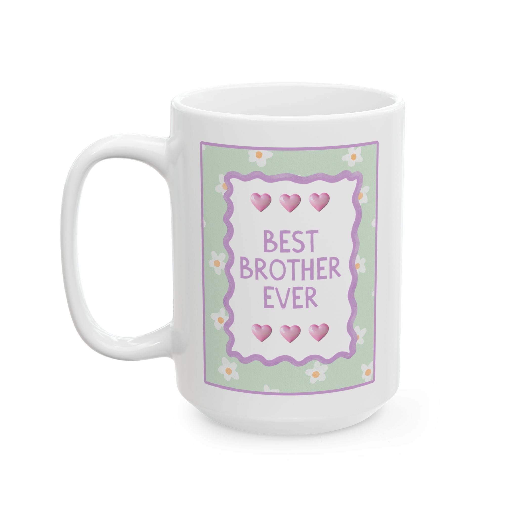 Best Brother Ever Coffee Mug: 15 Oz Mug for Coffee Lover | Pastel 90s Aesthetic Floral Mug with Hearts, Gift from Brother or Sister, Mug for Brother - Opal and June