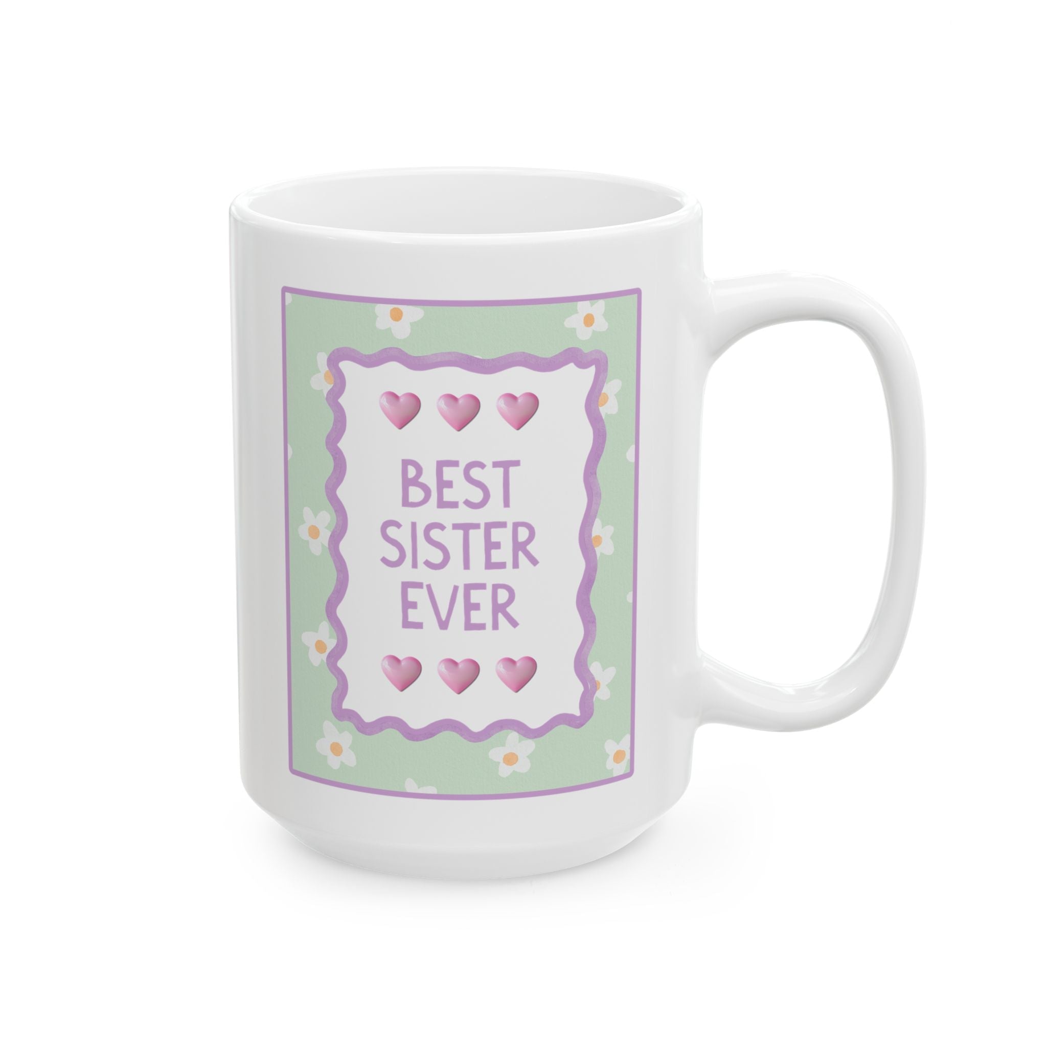 Best Sister Ever Coffee Mug: 15 Oz Mug for Coffee Lover | Pastel 90s Aesthetic Floral Mug with Hearts, Gift from Brother or Sister, Mug for Sister - Opal and June
