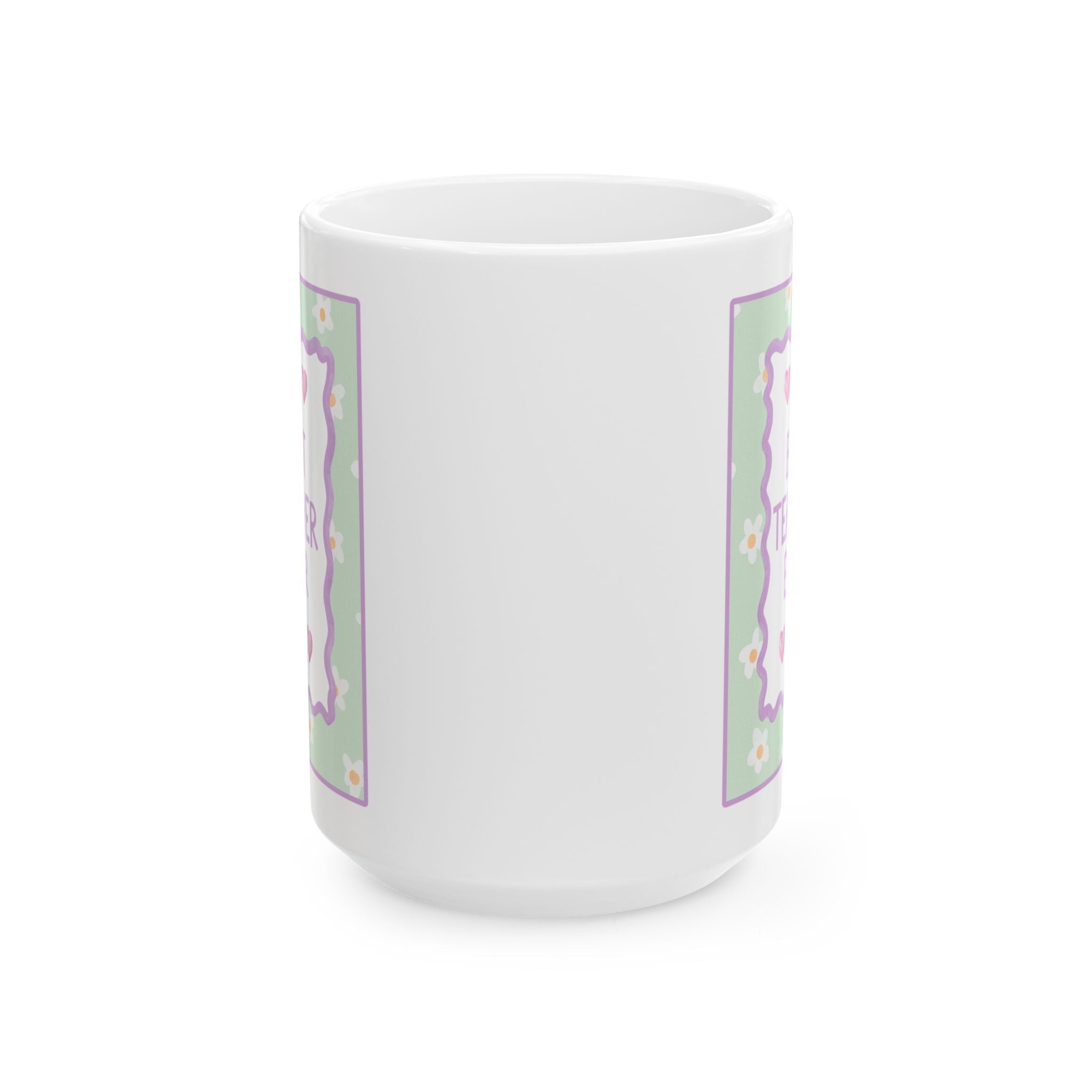 Best Teacher Ever Coffee Mug: 15 Oz Mug for Coffee Lover | Pastel 90s Aesthetic Floral Mug with Hearts, Gift from Student Mug for Teacher - Opal and June