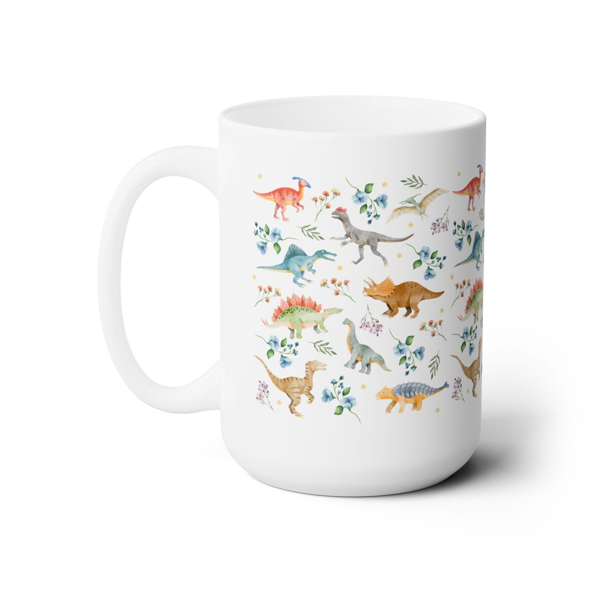 Boho Floral Dinosaur Mug with Stars: Cute Goblincore Dinosaur Lover Coffee Mug for Paleontologist or Science Teacher, Dinosaur Birthday Gift - Opal and June