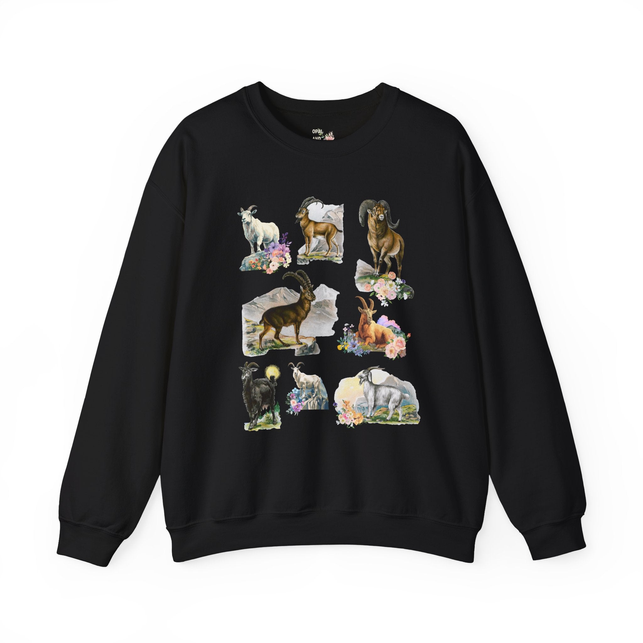 Boho Mountain Goat Animal Lover Sweatshirt, Friend Who Loves Animals and Hiking, Weirdcore Dreamcore 90s Scrapbook Aesthetic Floral Crewneck - Opal and June