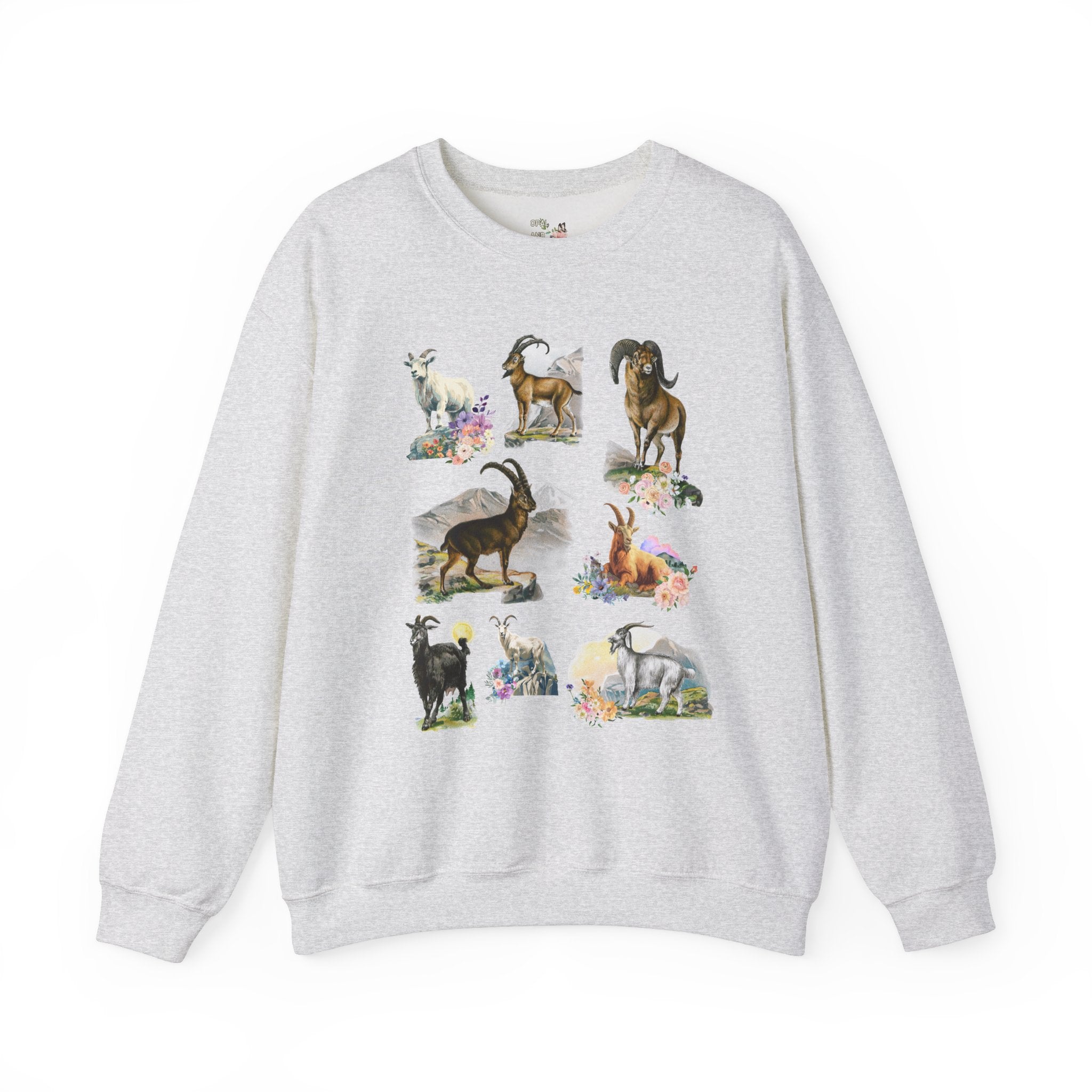 Boho Mountain Goat Animal Lover Sweatshirt, Friend Who Loves Animals and Hiking, Weirdcore Dreamcore 90s Scrapbook Aesthetic Floral Crewneck - Opal and June