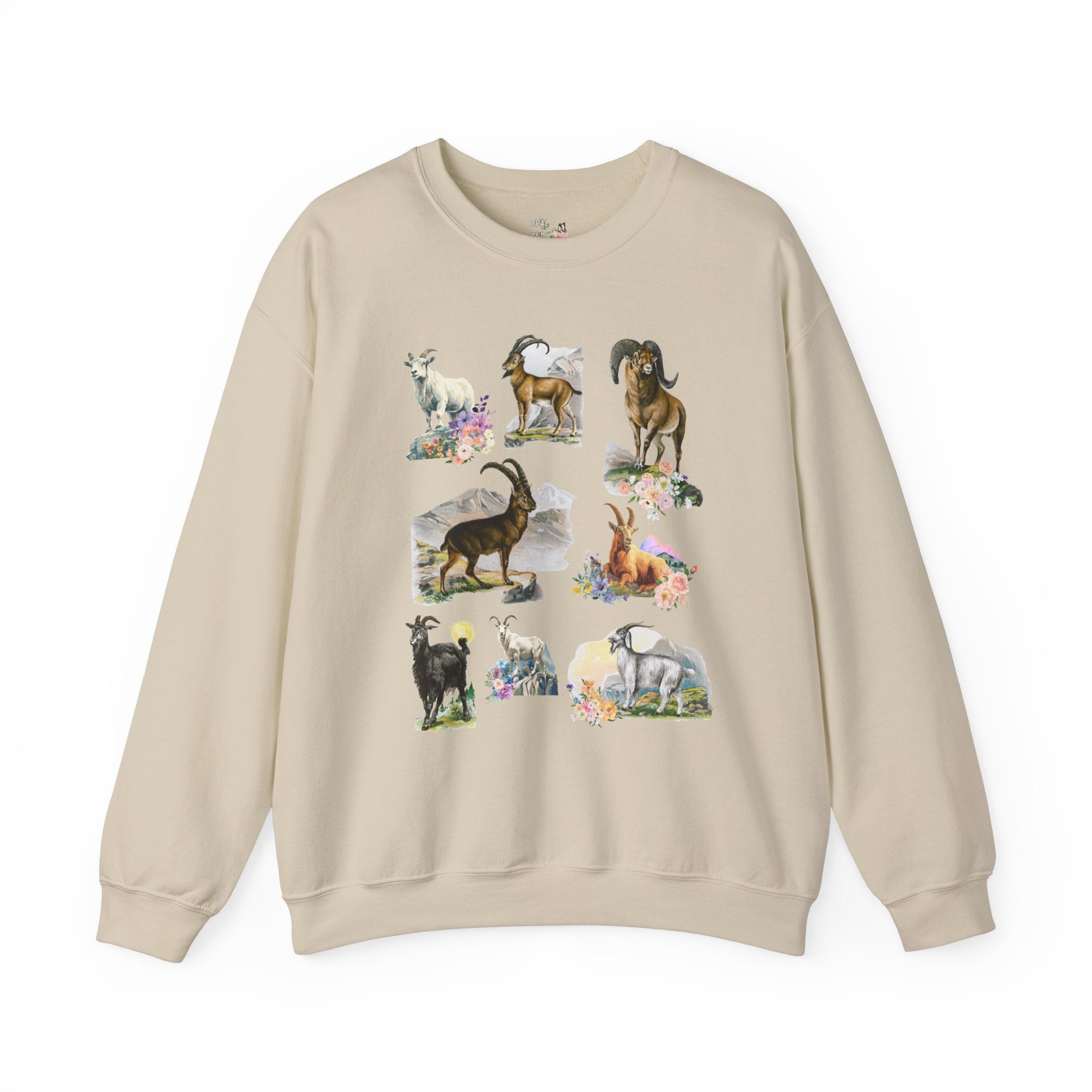 Boho Mountain Goat Animal Lover Sweatshirt, Friend Who Loves Animals and Hiking, Weirdcore Dreamcore 90s Scrapbook Aesthetic Floral Crewneck - Opal and June