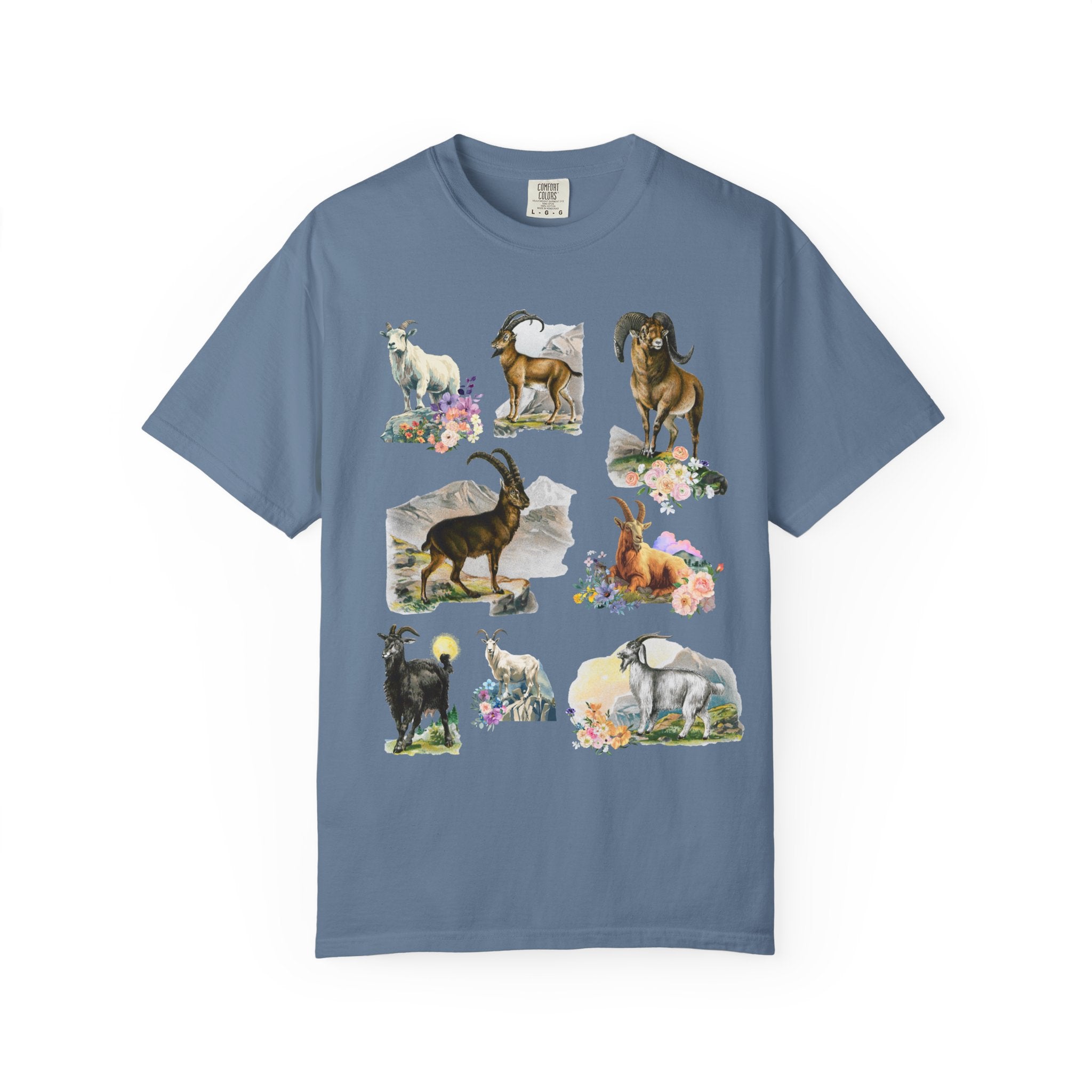 Boho Mountain Goat Animal Lover Tee Shirt for Friend Who Loves Animals and Hiking, Weirdcore Dreamcore 90s Scrapbook Aesthetic Floral Tee - Opal and June