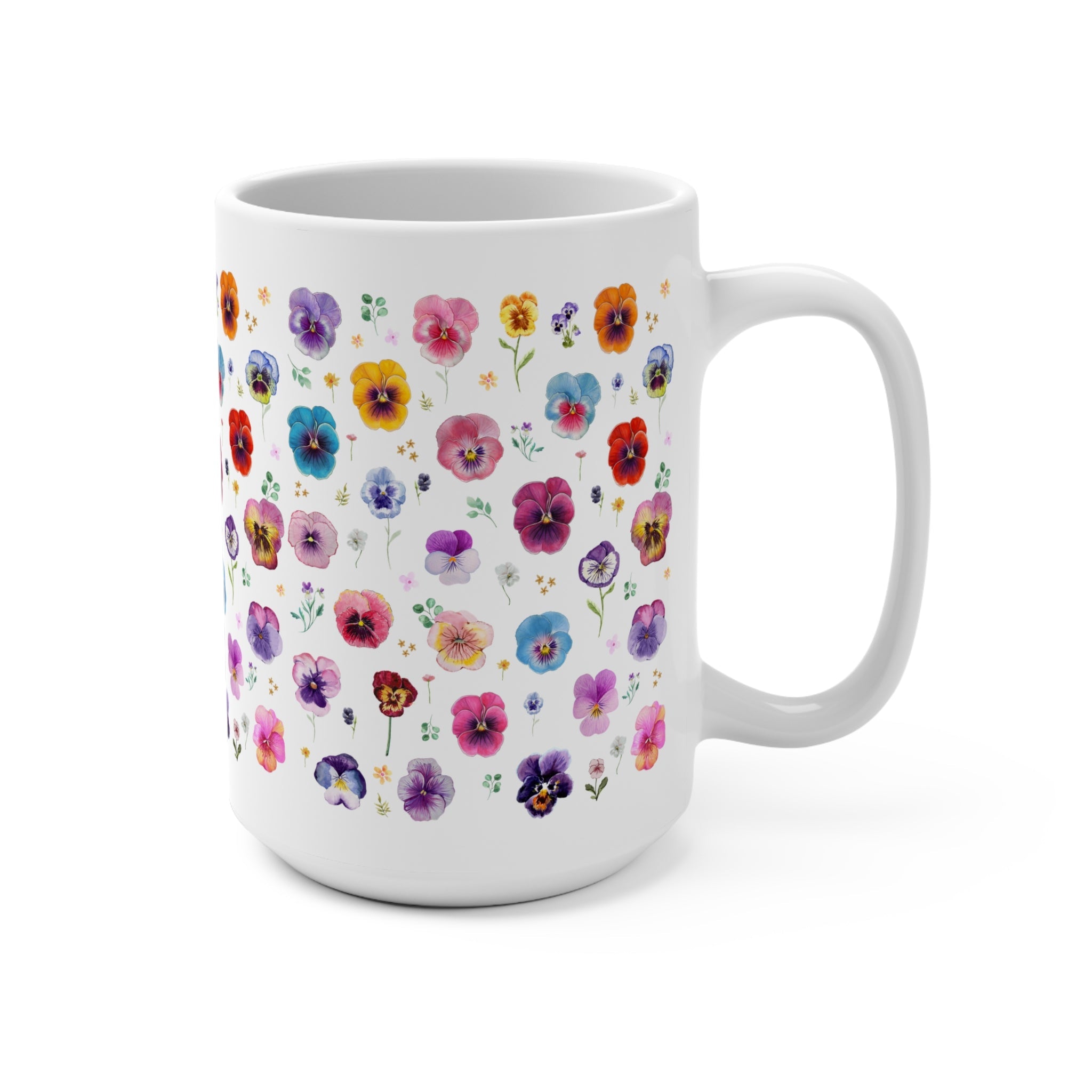 Boho Pressed Flower 15 Oz Coffee Mug: Cute Cottagecore Whimsigoth Pansy Mug, Colorful Maximalist Gift for Her Fairycore Wildflower Aesthetic - Opal and June