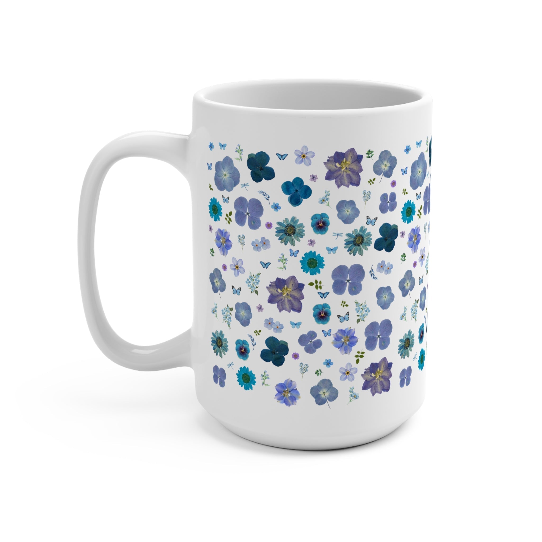 Boho Pressed Flowers 15 Oz Coffee Mug with Cozy Cottagecore Aesthetic: Cute Shades of Blue Flower Mug with Butterflies, Garden Lover Gift - Opal and June