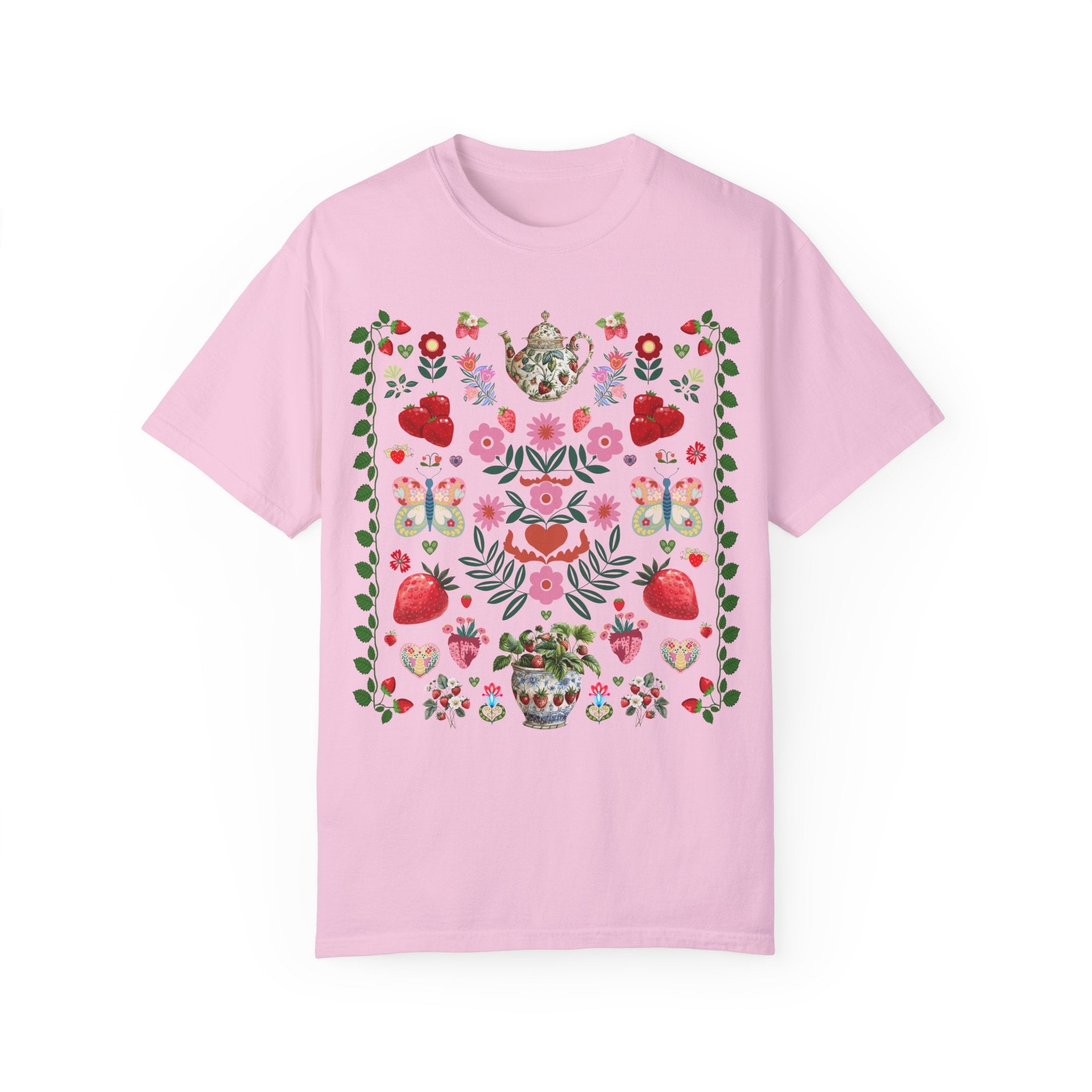 Boho Strawberry Tee Shirt, Garden Lover, Cute Cottagecore Berries T-Shirt, Vintage Botanical Gardening Tee with Strawberries and Butterflies - Opal and June