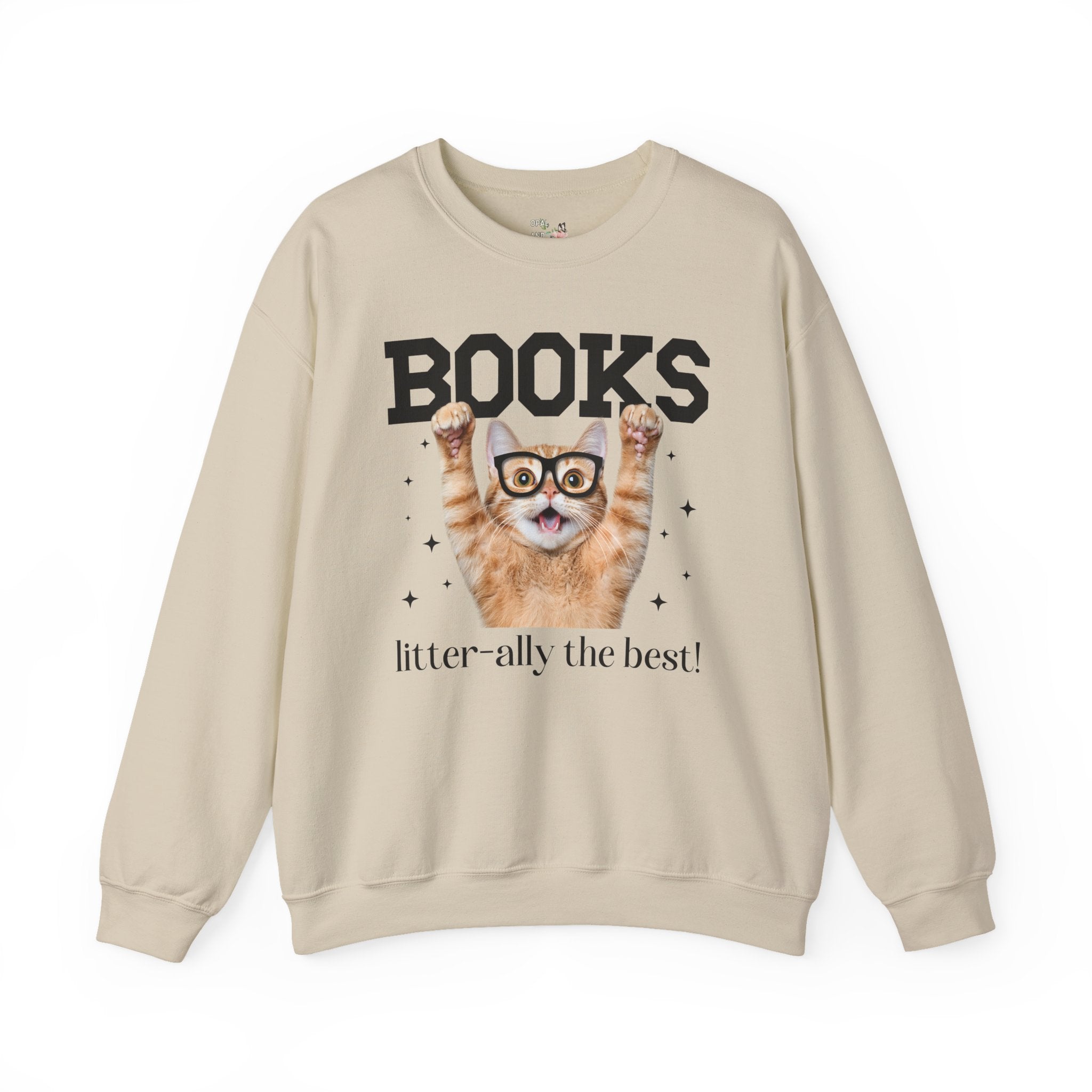 Book Lover Cat Mom or Cat Dad Sweatshirt for Librarian, Bookworm Gift, Funny Saying Reading Teacher or School Librarian Crewneck with Stars - Opal and June