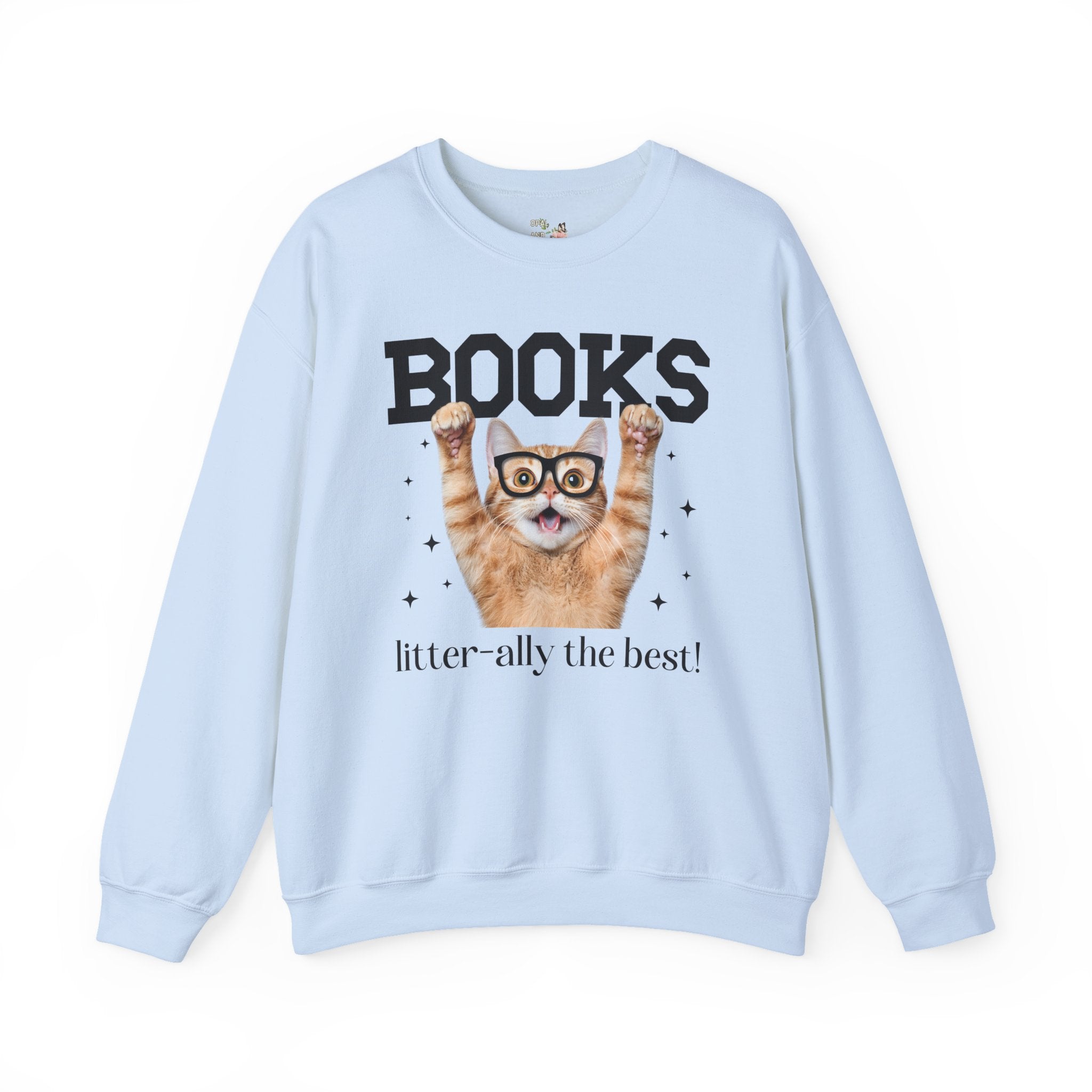 Book Lover Cat Mom or Cat Dad Sweatshirt for Librarian, Bookworm Gift, Funny Saying Reading Teacher or School Librarian Crewneck with Stars - Opal and June