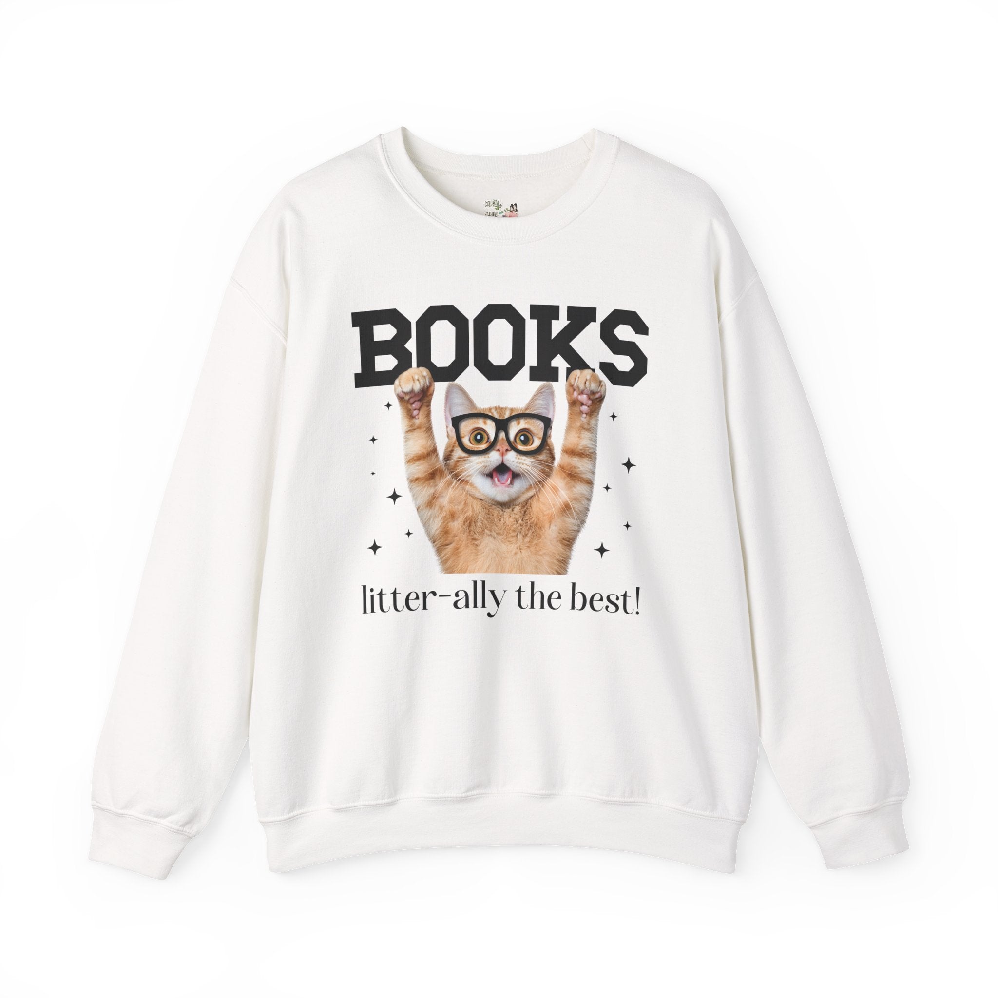 Book Lover Cat Mom or Cat Dad Sweatshirt for Librarian, Bookworm Gift, Funny Saying Reading Teacher or School Librarian Crewneck with Stars - Opal and June