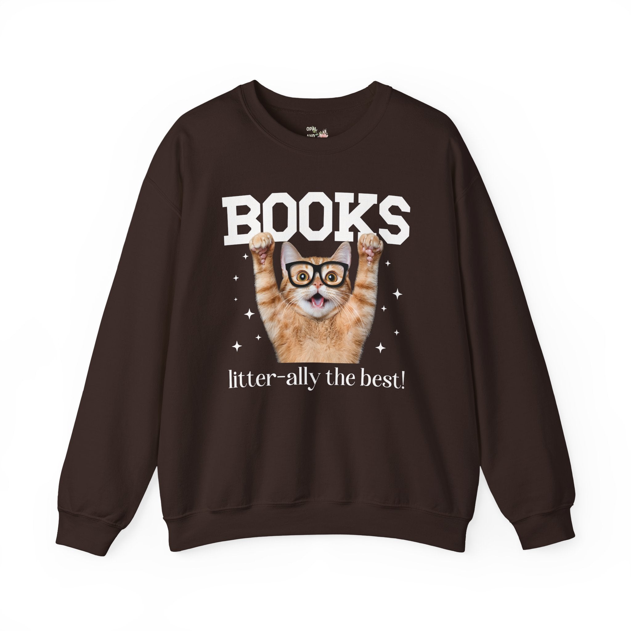 Book Lover Cat Mom or Cat Dad Sweatshirt for Librarian, Bookworm Gift, Funny Saying Reading Teacher or School Librarian Crewneck with Stars - Opal and June