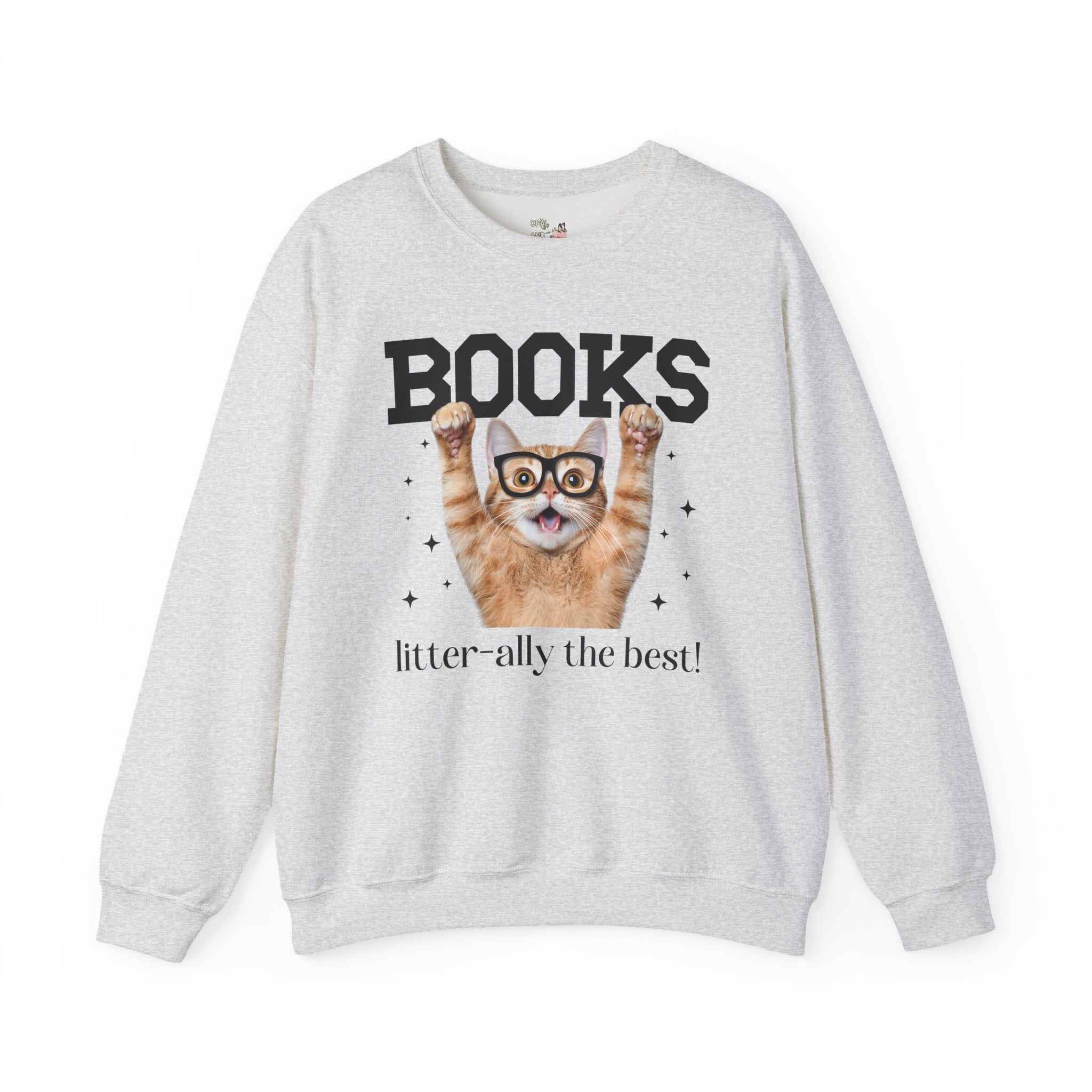 Book Lover Cat Mom or Cat Dad Sweatshirt for Librarian, Bookworm Gift, Funny Saying Reading Teacher or School Librarian Crewneck with Stars - Opal and June