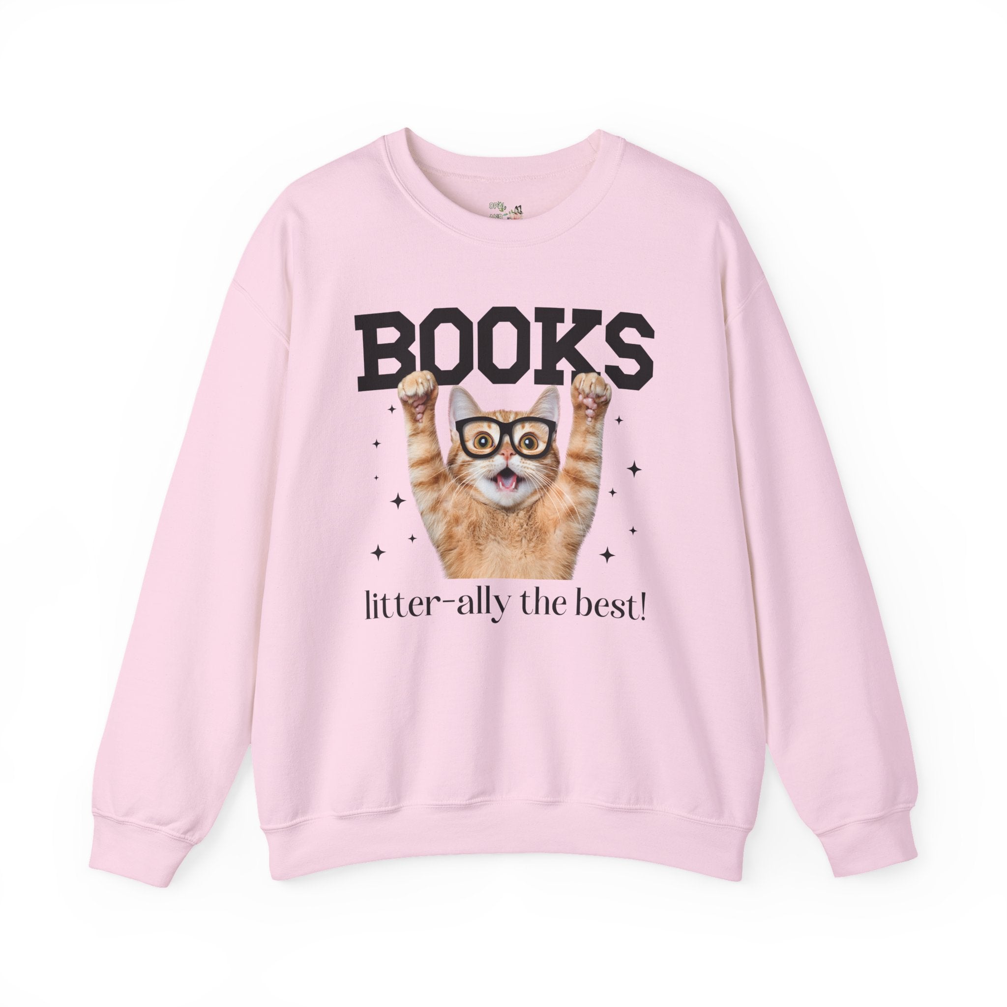 Book Lover Cat Mom or Cat Dad Sweatshirt for Librarian, Bookworm Gift, Funny Saying Reading Teacher or School Librarian Crewneck with Stars - Opal and June