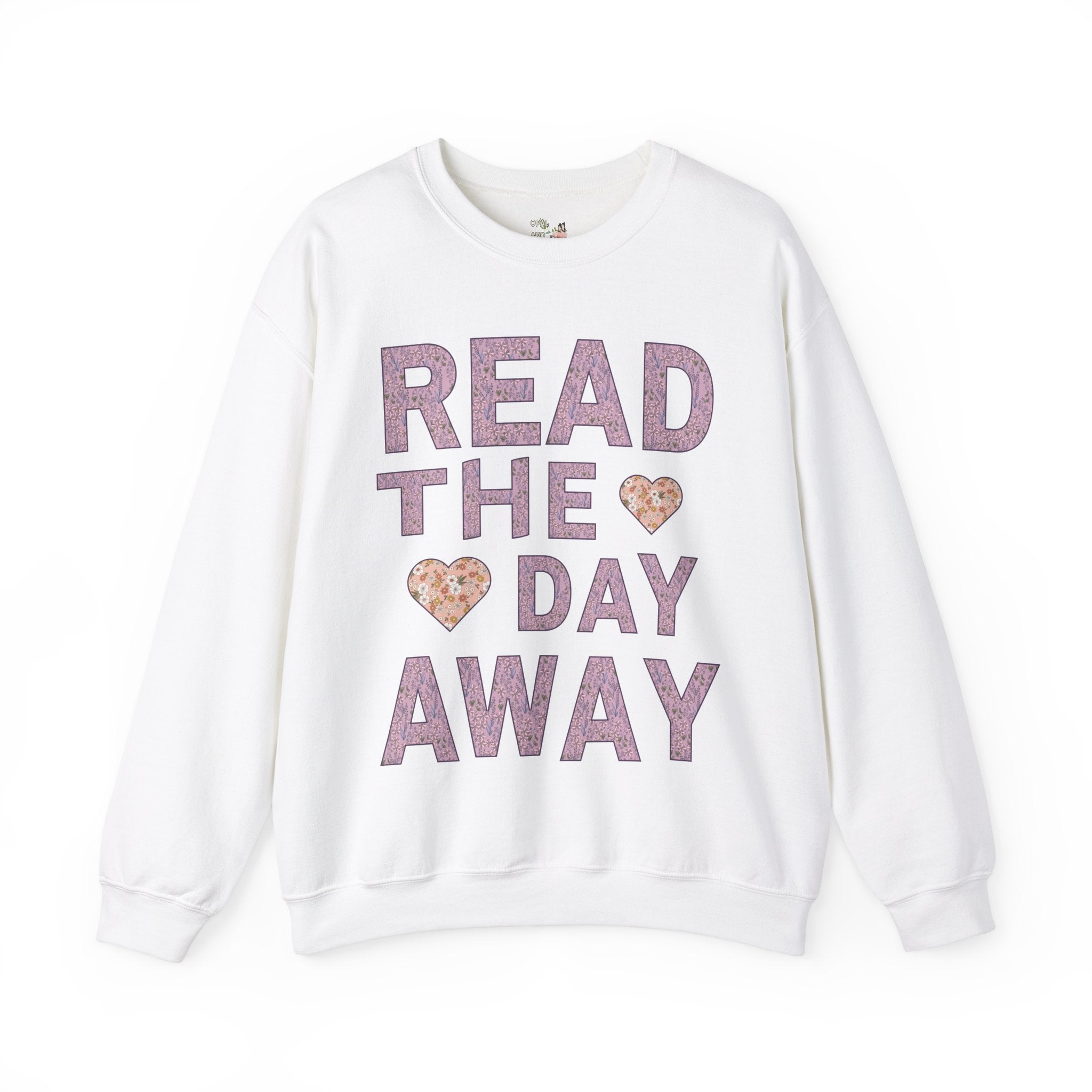 Book Lover Gift Idea: Read the Day Away Sweatshirt with Hearts, Cute Floral Aesthetic Shirt for Book Lover, Romance Reader, Librarian Gift - Opal and June