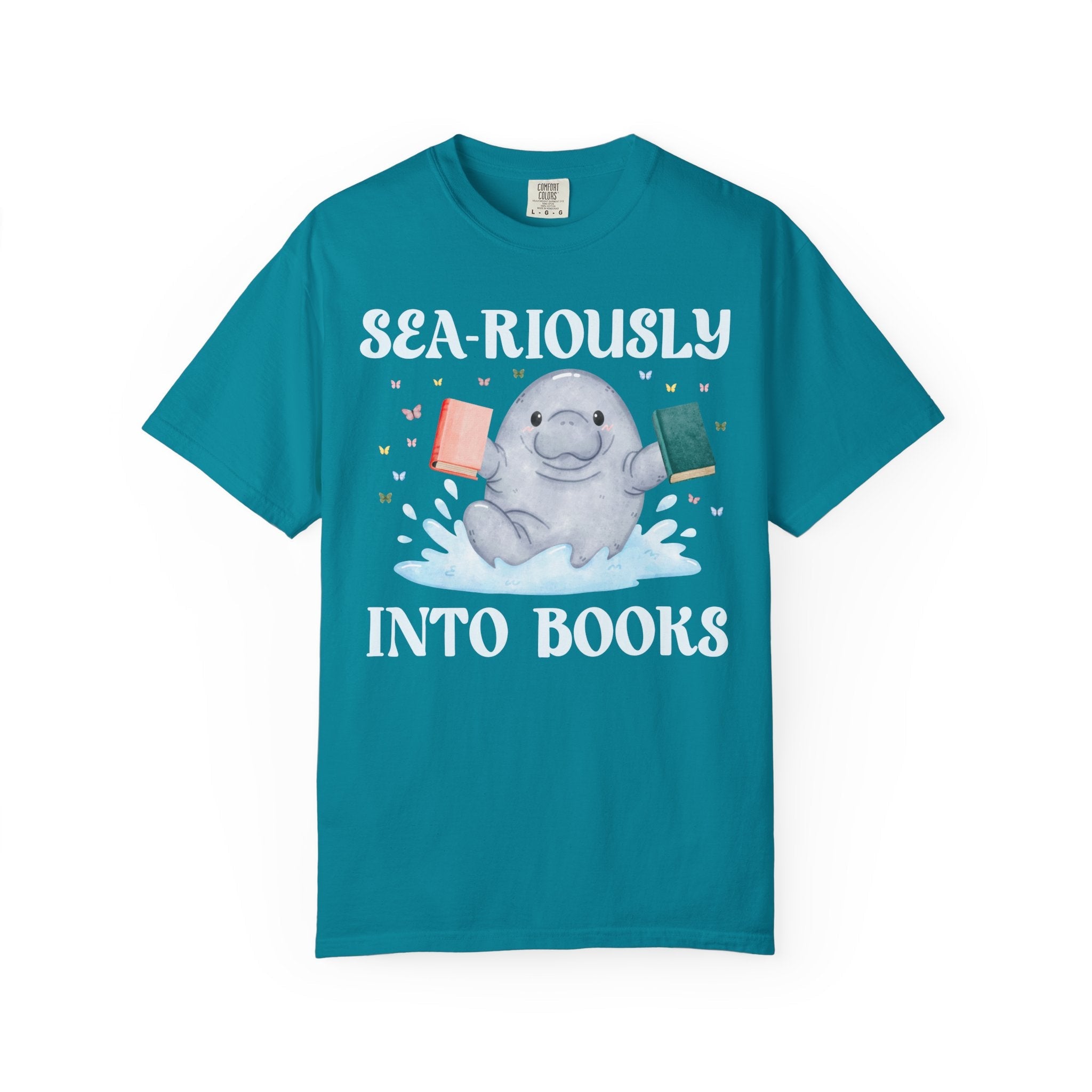 Book Lover Manatee T-Shirt for Animal Lover Who Loves Reading: Sea - Riously Into Books, Cute Bookish Present for School Librarian or Teacher - Opal and June