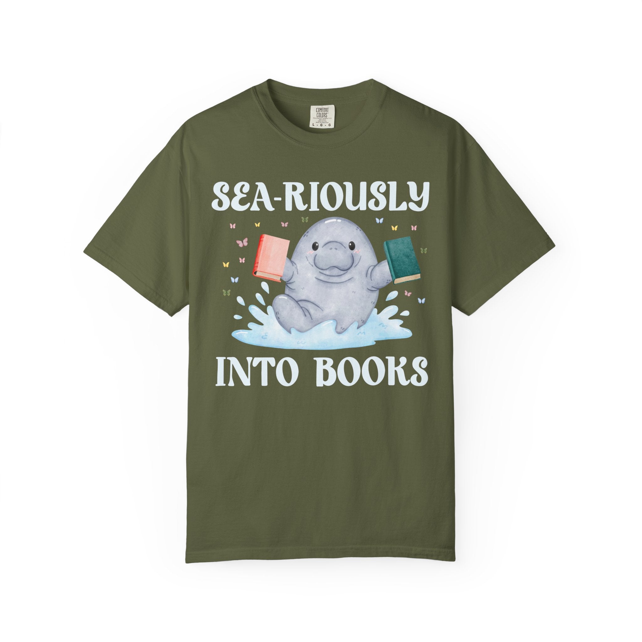 Book Lover Manatee T-Shirt for Animal Lover Who Loves Reading: Sea - Riously Into Books, Cute Bookish Present for School Librarian or Teacher - Opal and June