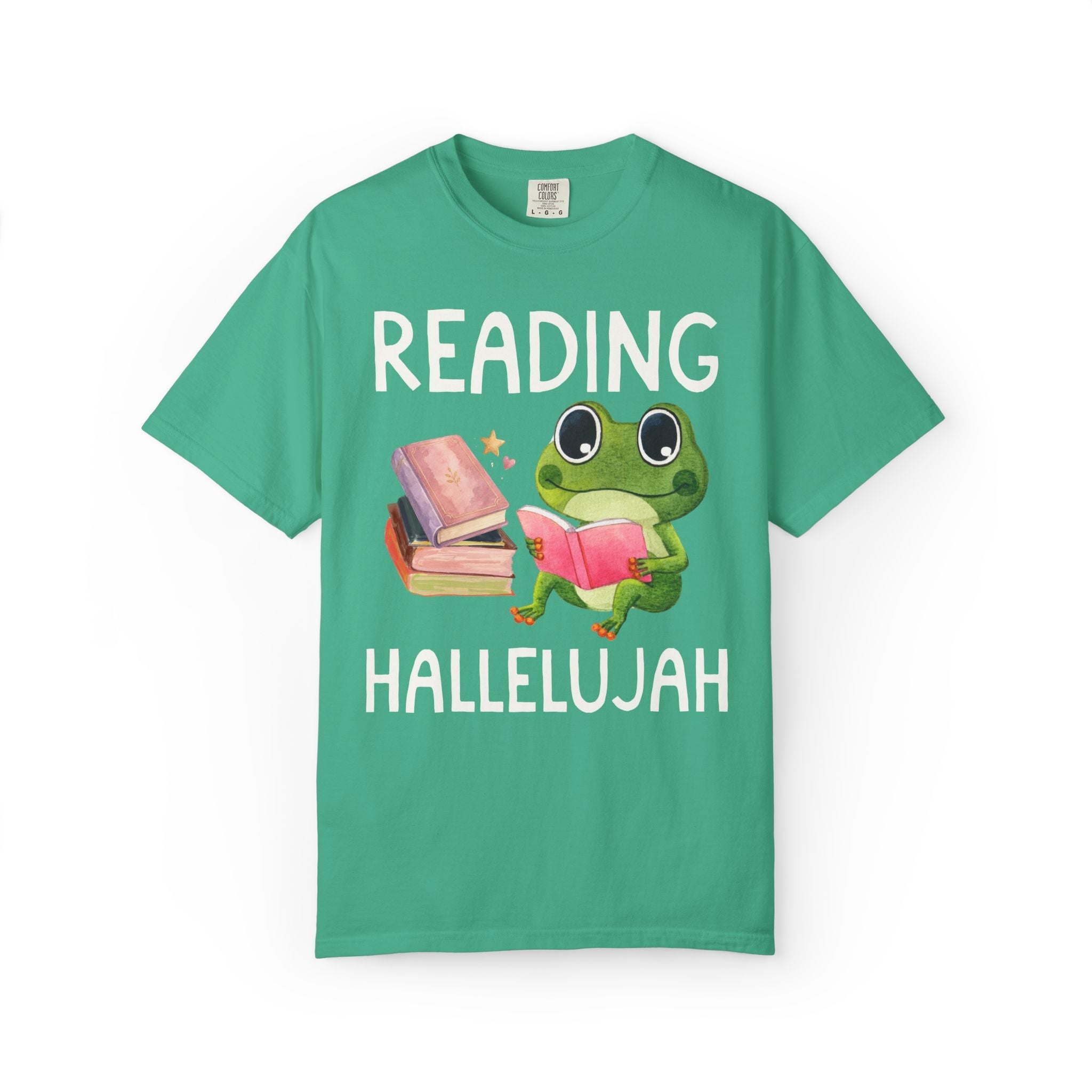 Book Lover Reading Hallelujah T-Shirt with Cute Frog, Silly Dreamcore Bookish Tee with Hearts, Funny School Librarian or Library Aide Gift - Opal and June