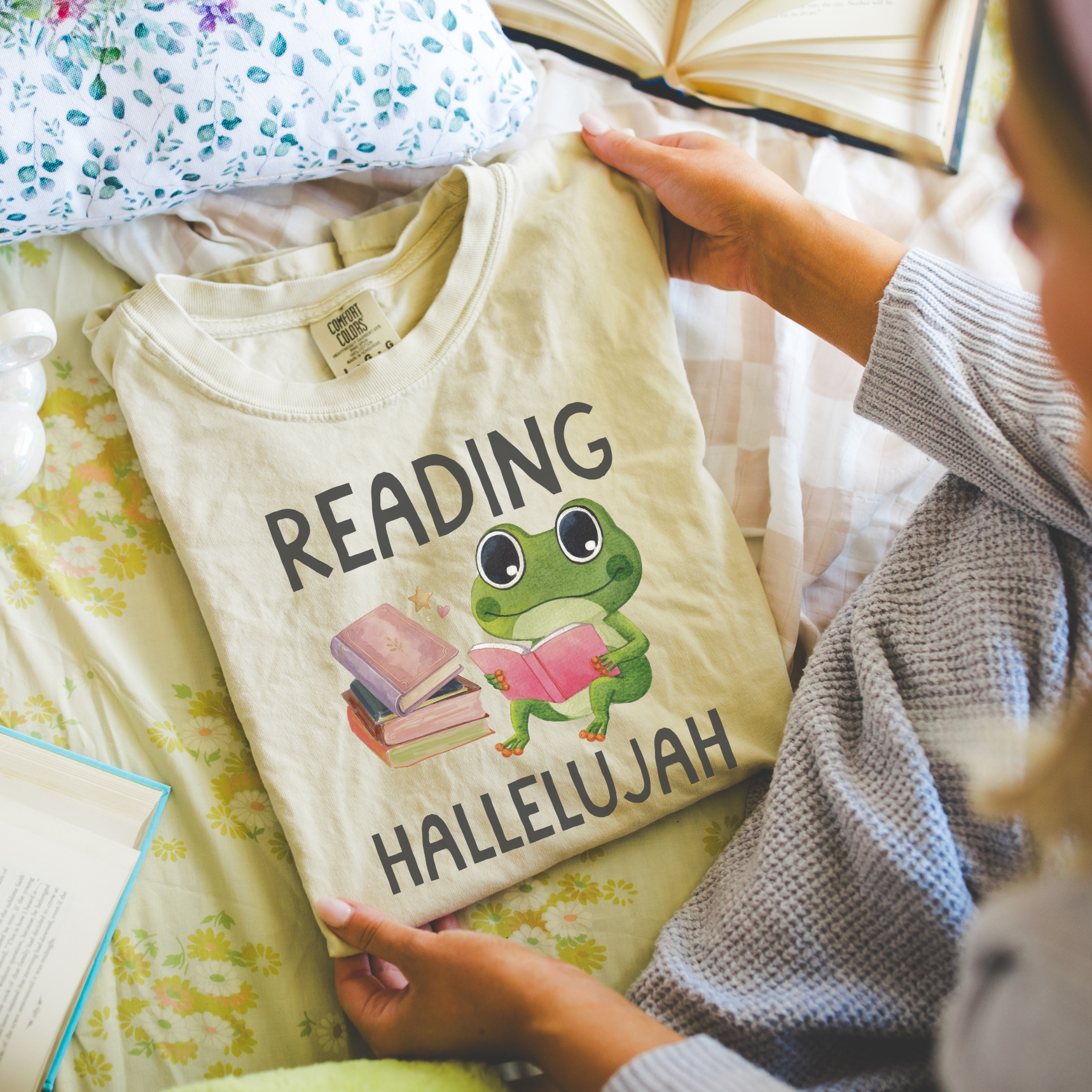 Book Lover Reading Hallelujah T-Shirt with Cute Frog, Silly Dreamcore Bookish Tee with Hearts, Funny School Librarian or Library Aide Gift - Opal and June
