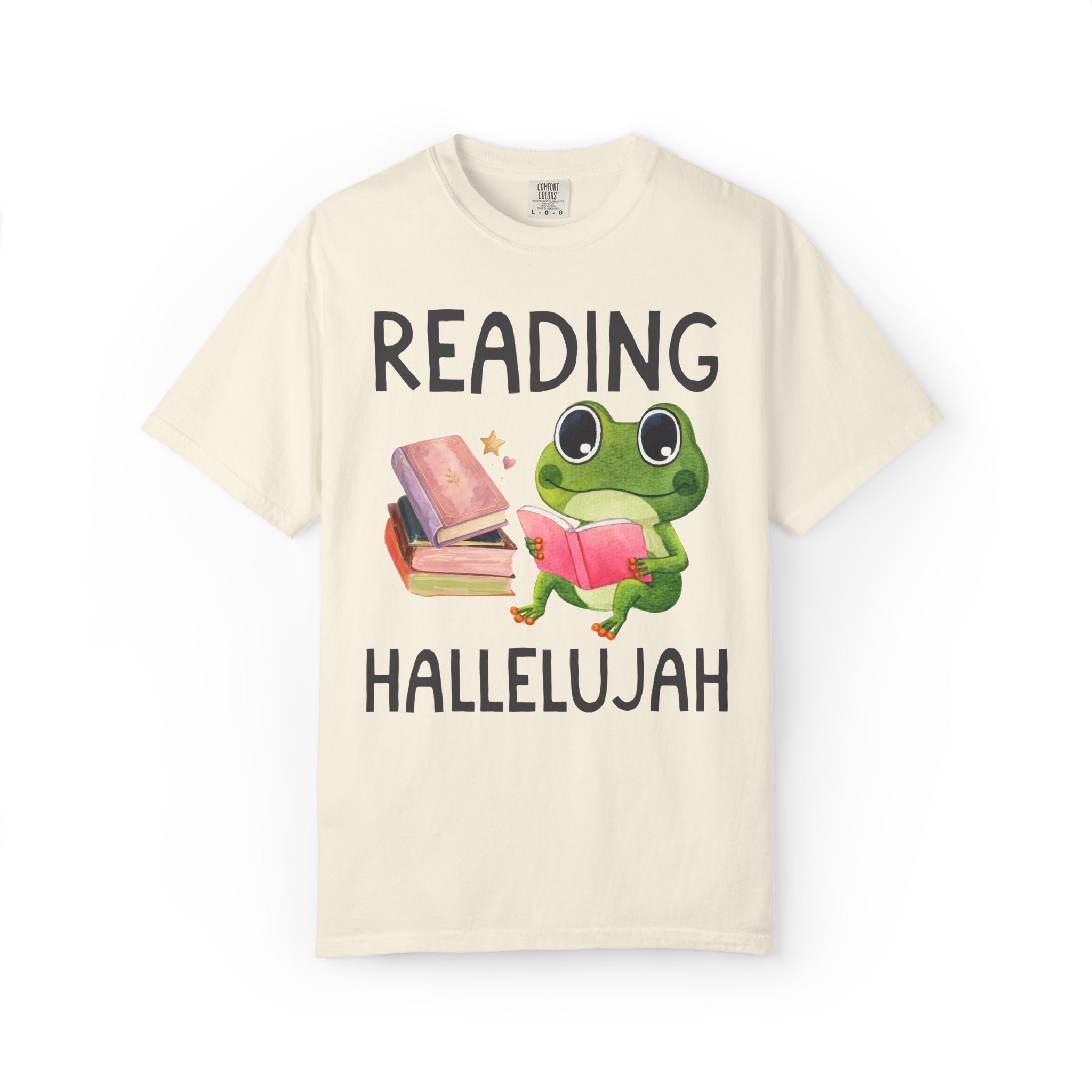 Book Lover Reading Hallelujah T-Shirt with Cute Frog, Silly Dreamcore Bookish Tee with Hearts, Funny School Librarian or Library Aide Gift - Opal and June
