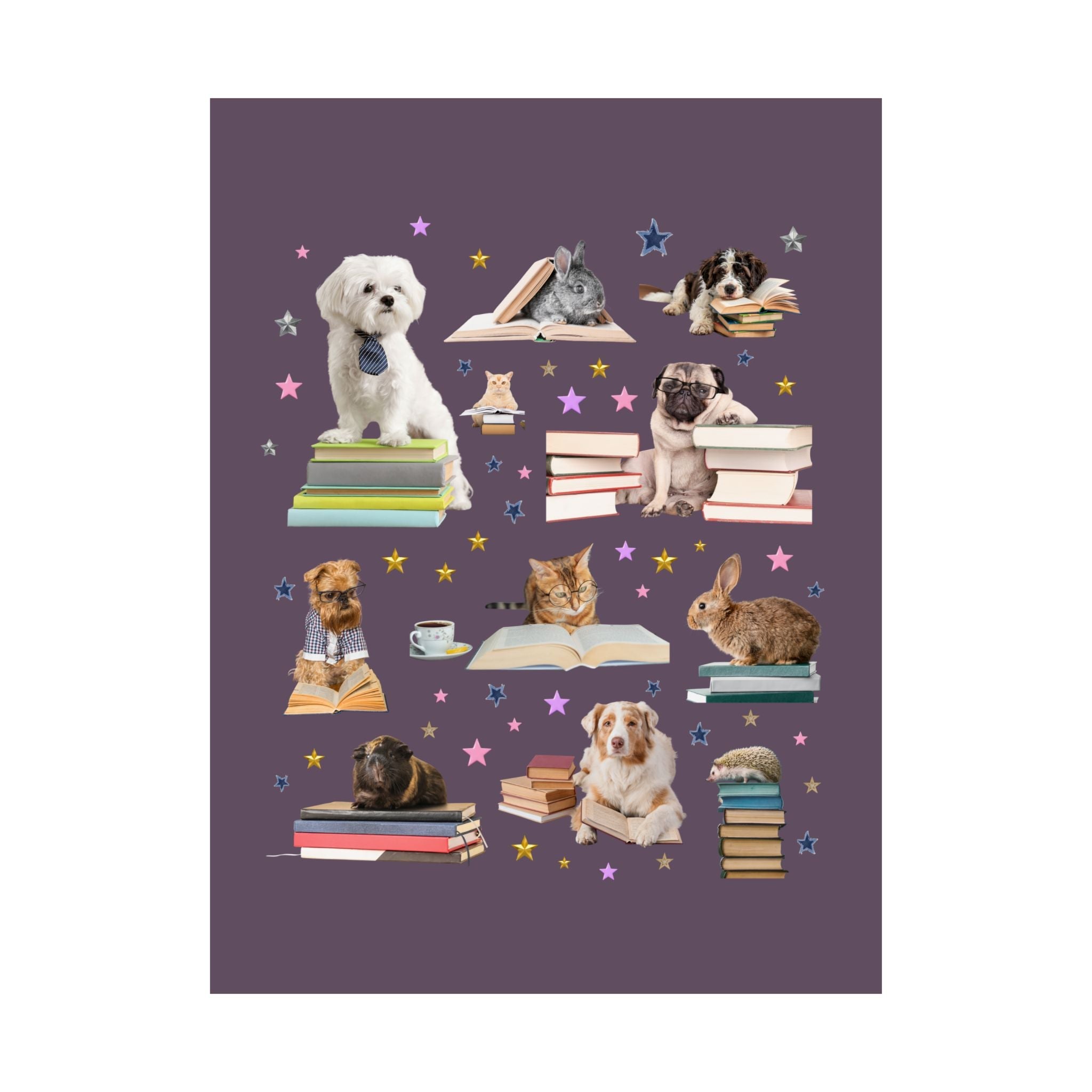 Bookish Animal Lover Poster Print with Dogs Holding Books, Silly Cat Mom Poster for Bookworm, School Librarian, 90s Aesthetic Book Lover - Opal and June