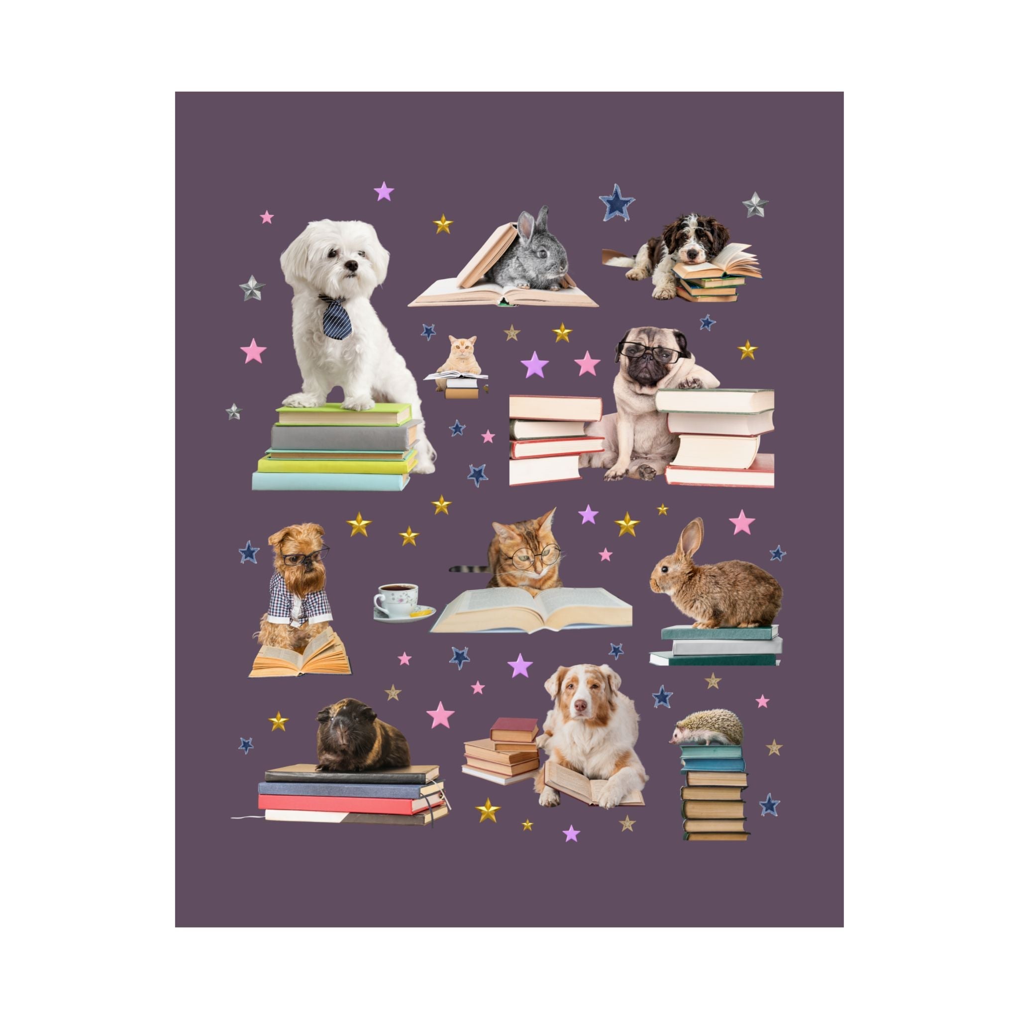 Bookish Animal Lover Poster Print with Dogs Holding Books, Silly Cat Mom Poster for Bookworm, School Librarian, 90s Aesthetic Book Lover - Opal and June