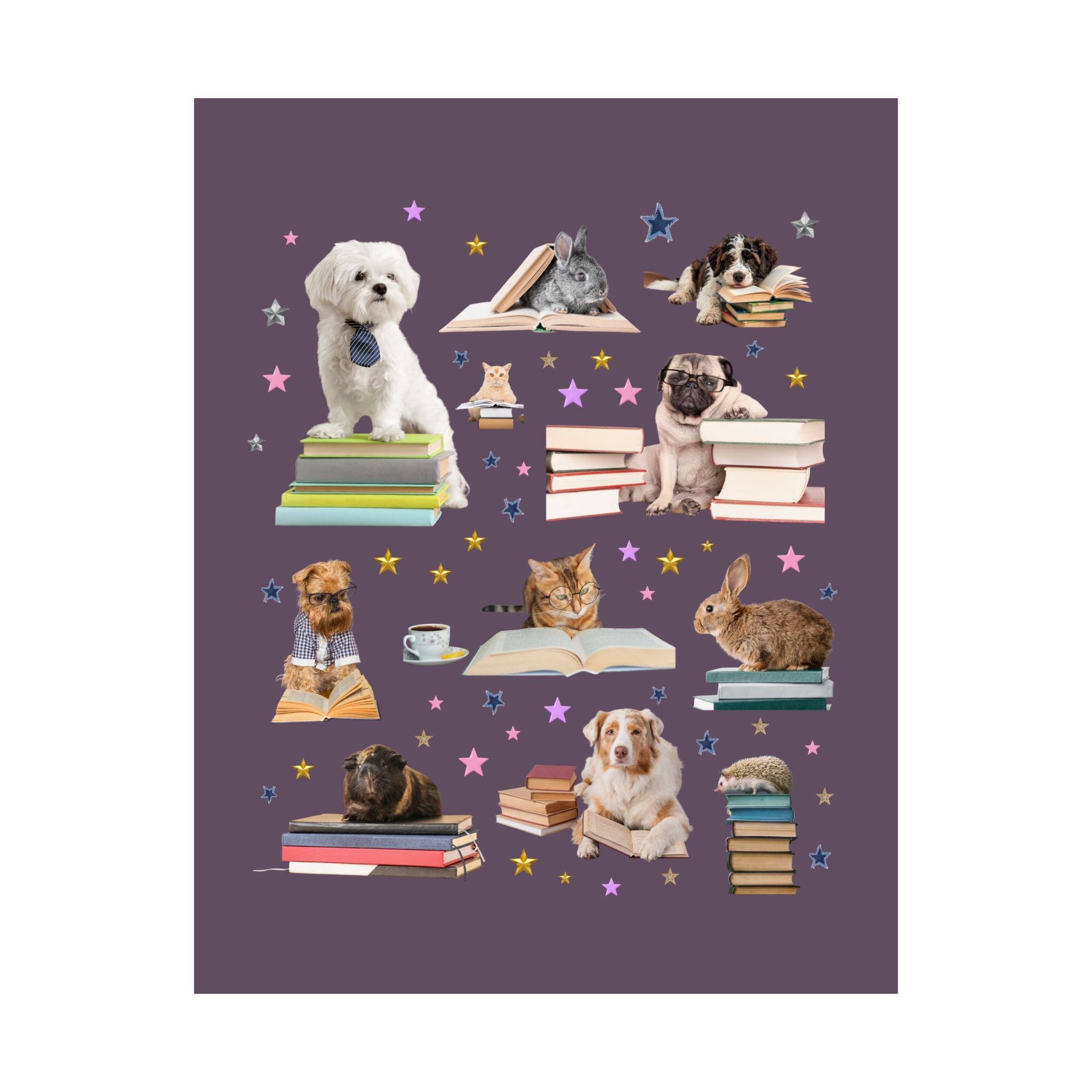 Bookish Animal Lover Poster Print with Dogs Holding Books, Silly Cat Mom Poster for Bookworm, School Librarian, 90s Aesthetic Book Lover - Opal and June