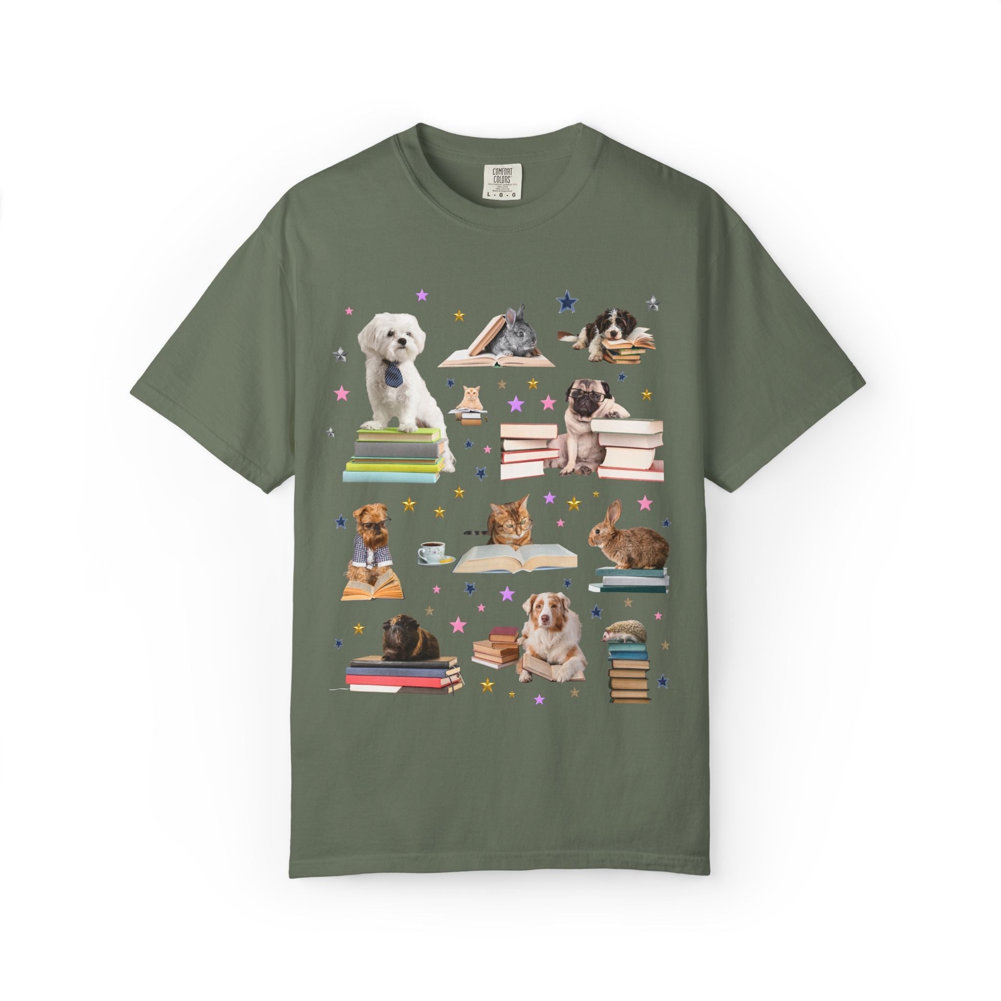 Bookish Animal Lover Tee Shirt with Dogs Holding Books - Opal and June