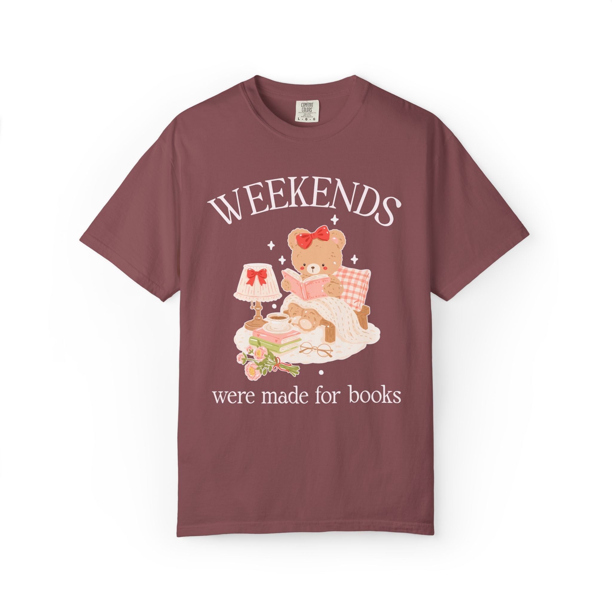 Bookish Bear Tee Shirt for Animal Lover or Librarian: Weekends Were Made for Books, 90s Aesthetic Bookworm Gift, Romance or Mystery Reader - Opal and June