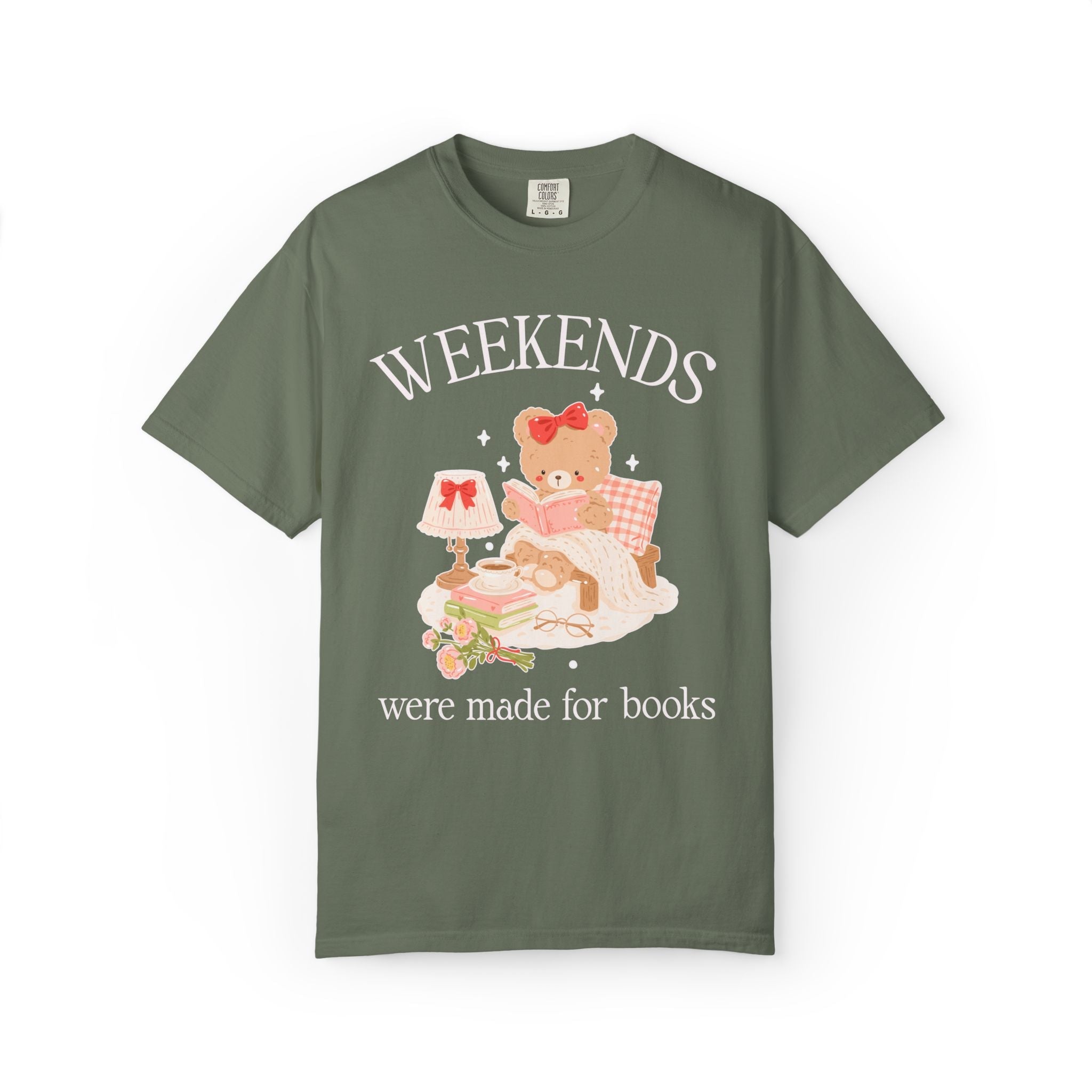 Bookish Bear Tee Shirt for Animal Lover or Librarian: Weekends Were Made for Books, 90s Aesthetic Bookworm Gift, Romance or Mystery Reader - Opal and June