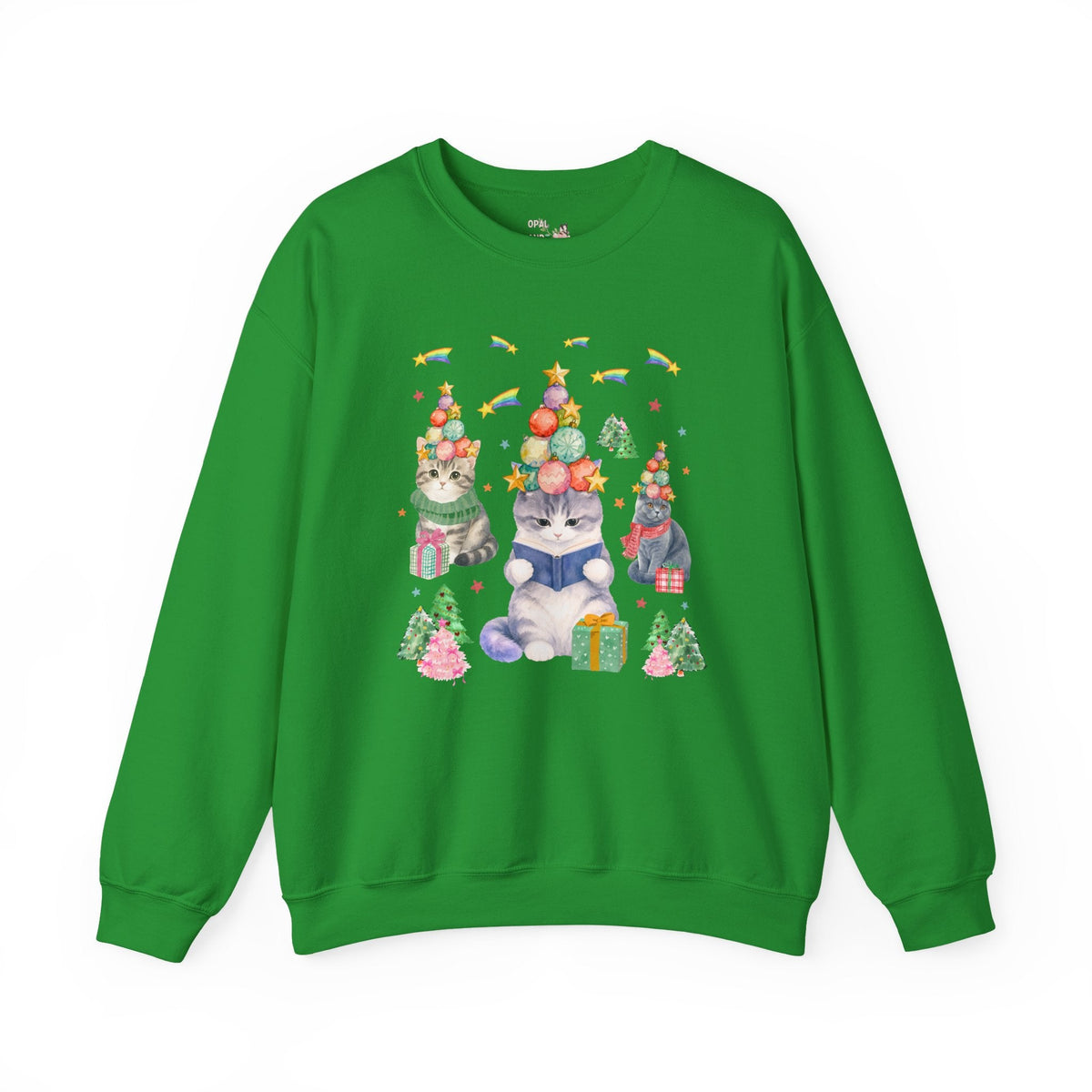 Bookish Cat Christmas Sweatshirt with Shooting Rainbow Stars - Opal and June