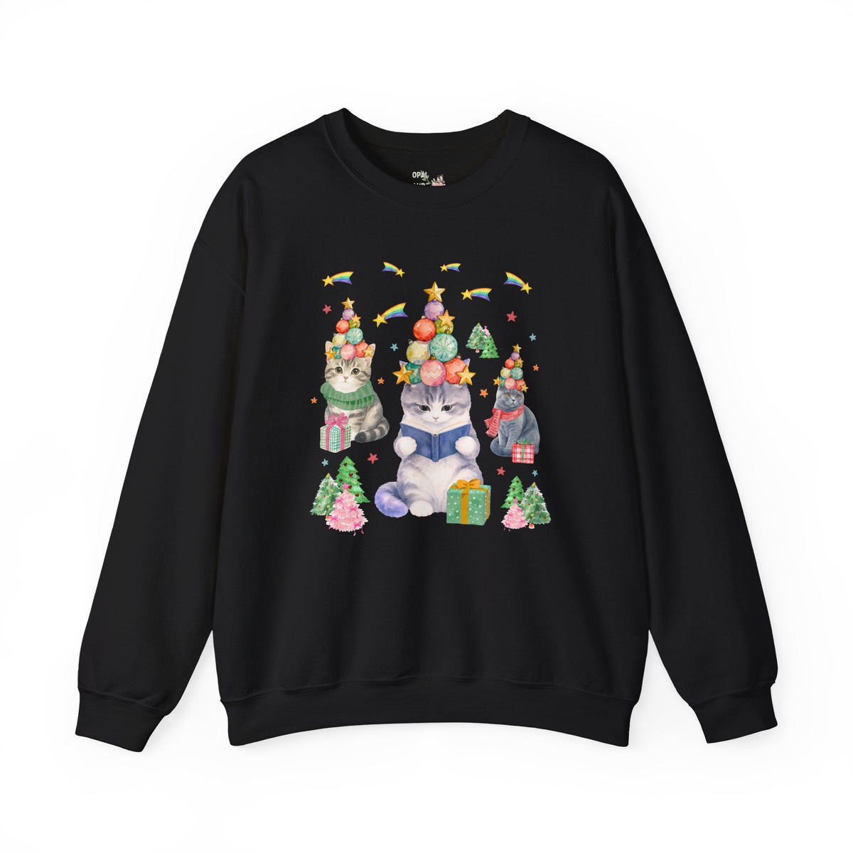Bookish Cat Christmas Sweatshirt with Shooting Rainbow Stars - Opal and June