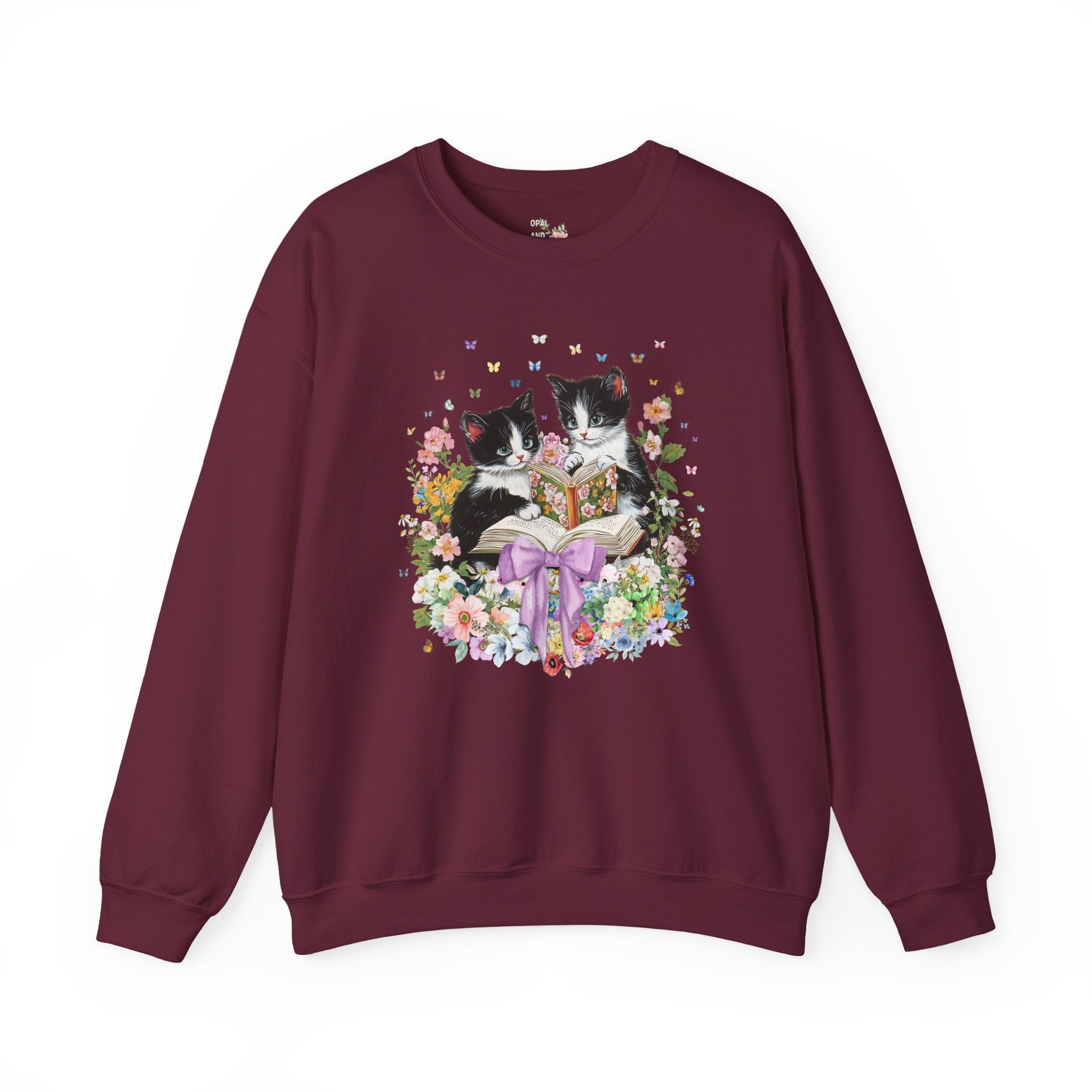 Bookish Cat Lover Sweatshirt, Cat Mom, Cat Dad Who Loves Reading, Cute School Librarian Shirt for Bookworm Who Loves Kittens, 90s Throwback - Opal and June