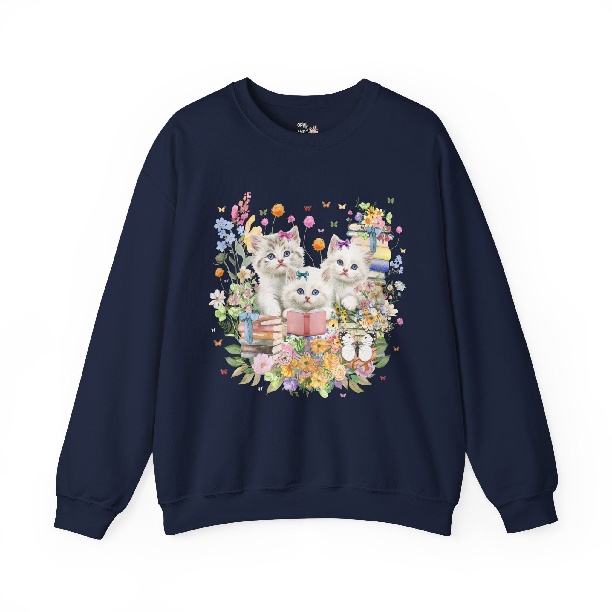 Bookish Cat Lover Sweatshirt for Cat Mom or Cat Dad Who Loves Reading: 90s Throwback Crewneck with Butterflies, Gift for Bookworm or Author - Opal and June