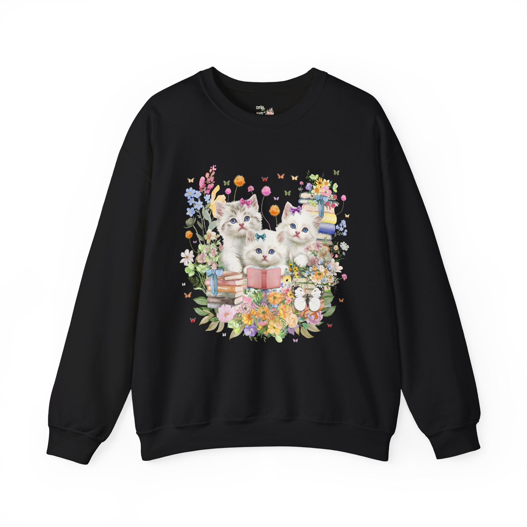 Bookish Cat Lover Sweatshirt for Cat Mom or Cat Dad Who Loves Reading: 90s Throwback Crewneck with Butterflies, Gift for Bookworm or Author - Opal and June