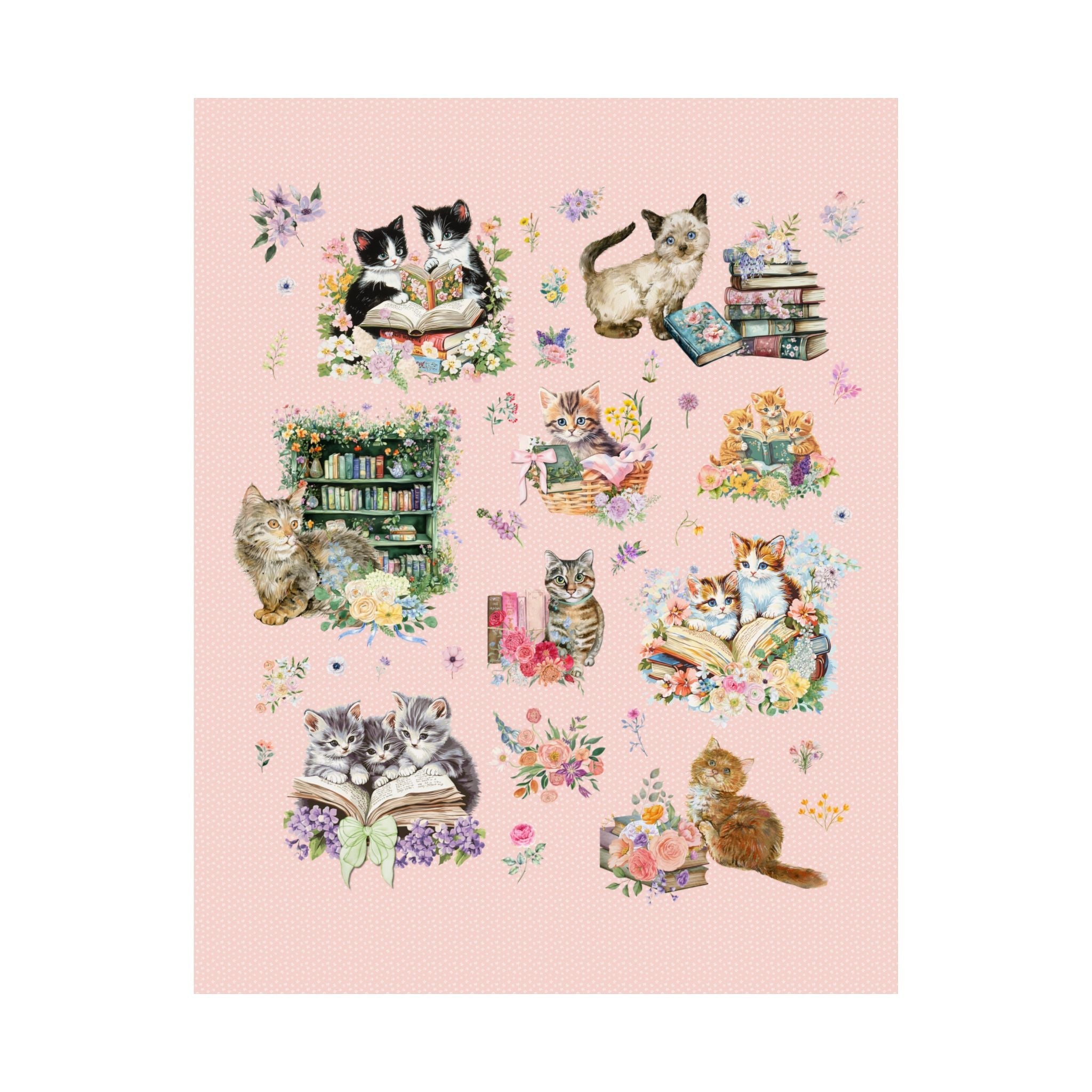 Bookish Cat Poster Print for Book Lover, Cat Mom or Cat Dad Romance Reader Gift with Flowers, Goblincore Kitten Floral Gift for Bookworm - Opal and June