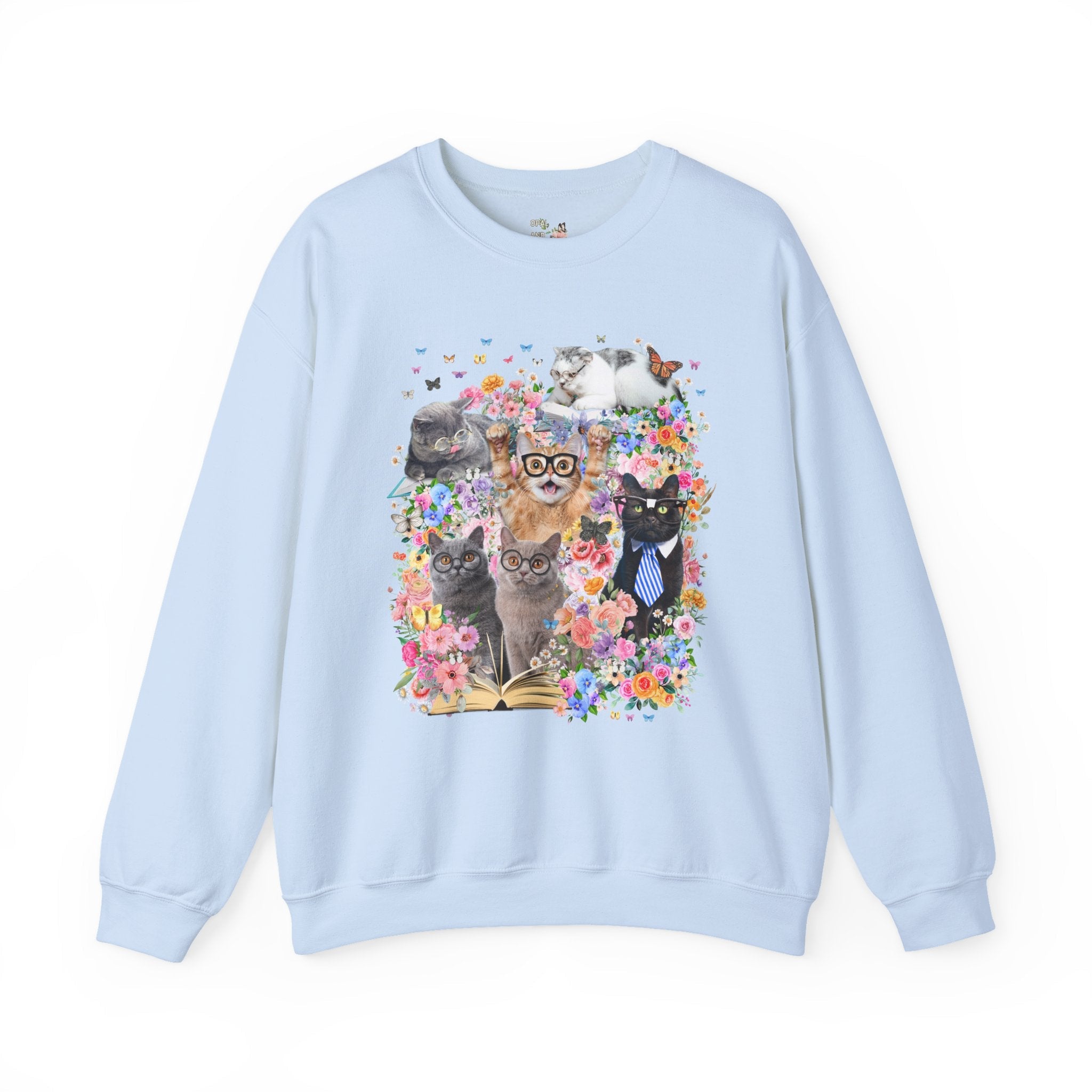 Bookish Cat Teacher Sweatshirt, Floral Dreamcore Cats Wearing Glasses Crewneck, Funny 90s Aesthetic Animal Lover Gift for Cat Mom or Cat Dad - Opal and June