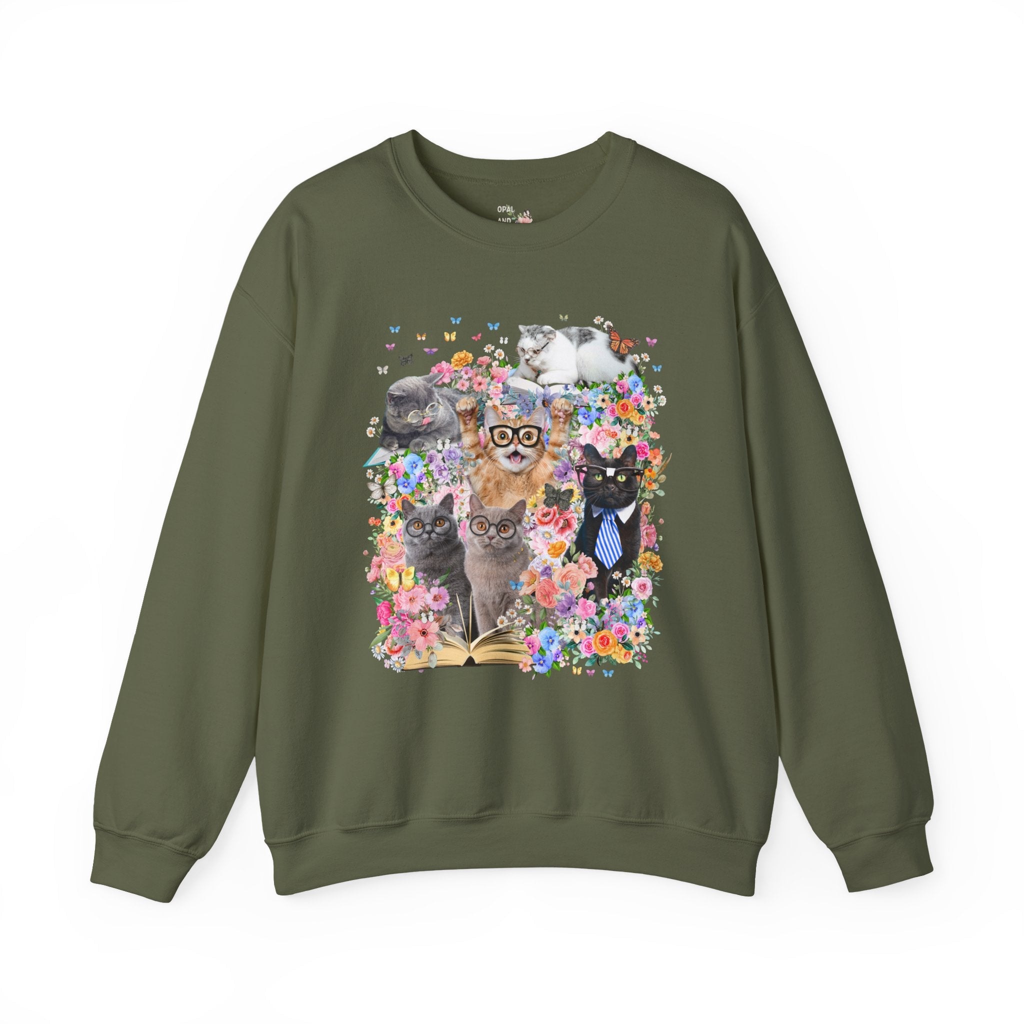 Bookish Cat Teacher Sweatshirt, Floral Dreamcore Cats Wearing Glasses Crewneck, Funny 90s Aesthetic Animal Lover Gift for Cat Mom or Cat Dad - Opal and June