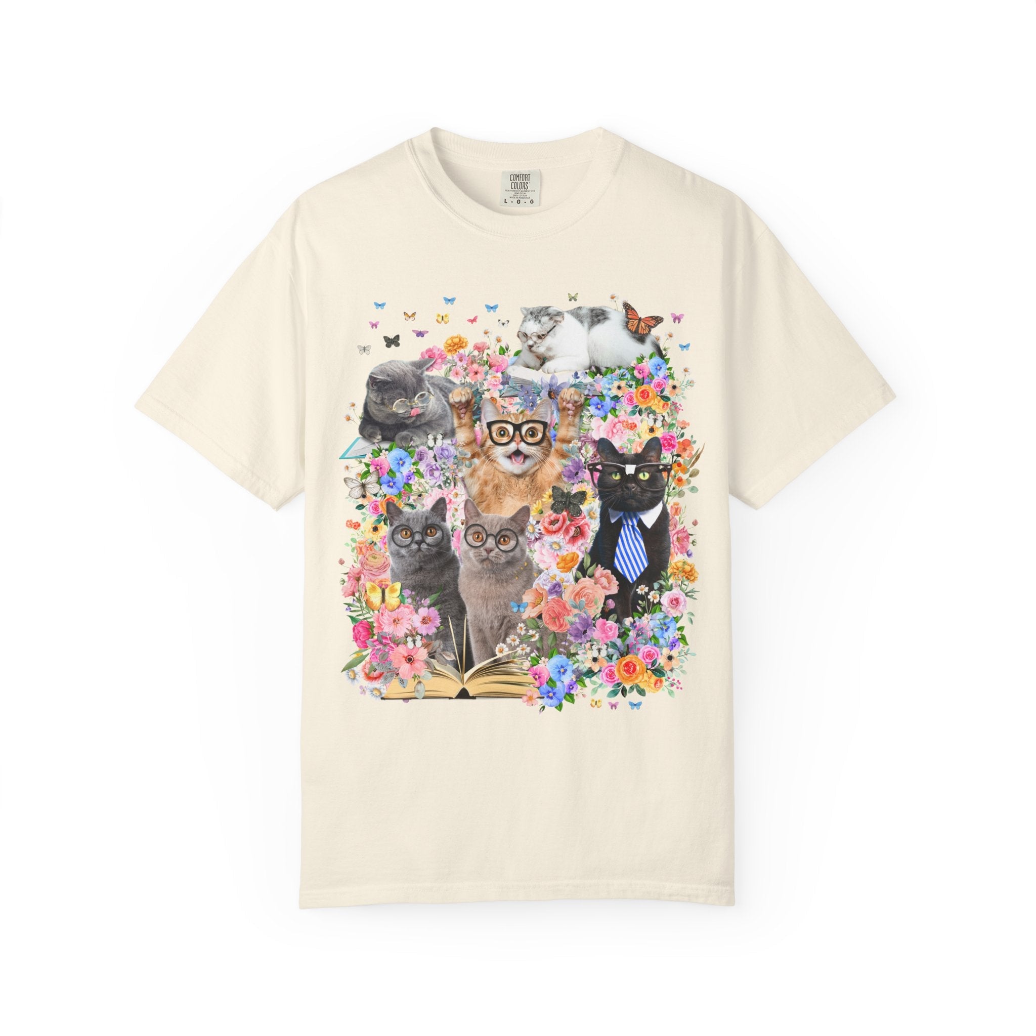 Bookish Cat Teacher Tee Shirt, Floral Dreamcore Cats Wearing Glasses T-Shirt, Funny 90s Aesthetic Animal Lover Tee for Cat Mom or Cat Dad - Opal and June