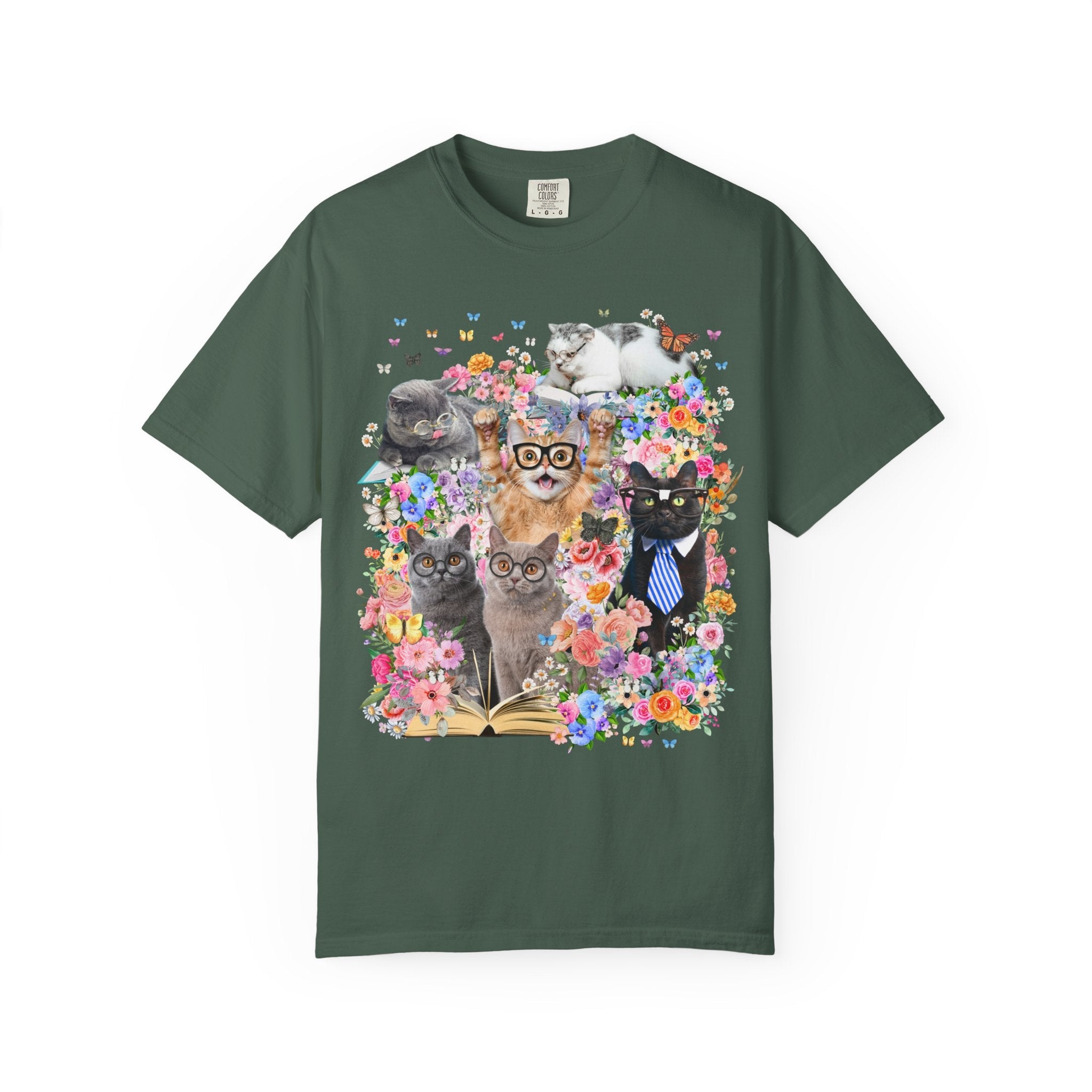 Bookish Cat Teacher Tee Shirt, Floral Dreamcore Cats Wearing Glasses T-Shirt, Funny 90s Aesthetic Animal Lover Tee for Cat Mom or Cat Dad - Opal and June