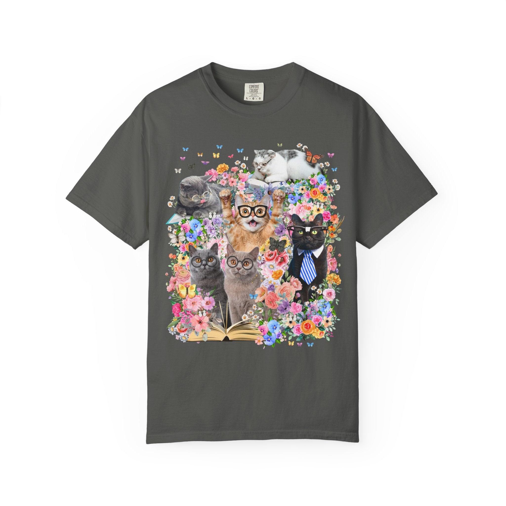 Bookish Cat Teacher Tee Shirt, Floral Dreamcore Cats Wearing Glasses T-Shirt, Funny 90s Aesthetic Animal Lover Tee for Cat Mom or Cat Dad - Opal and June