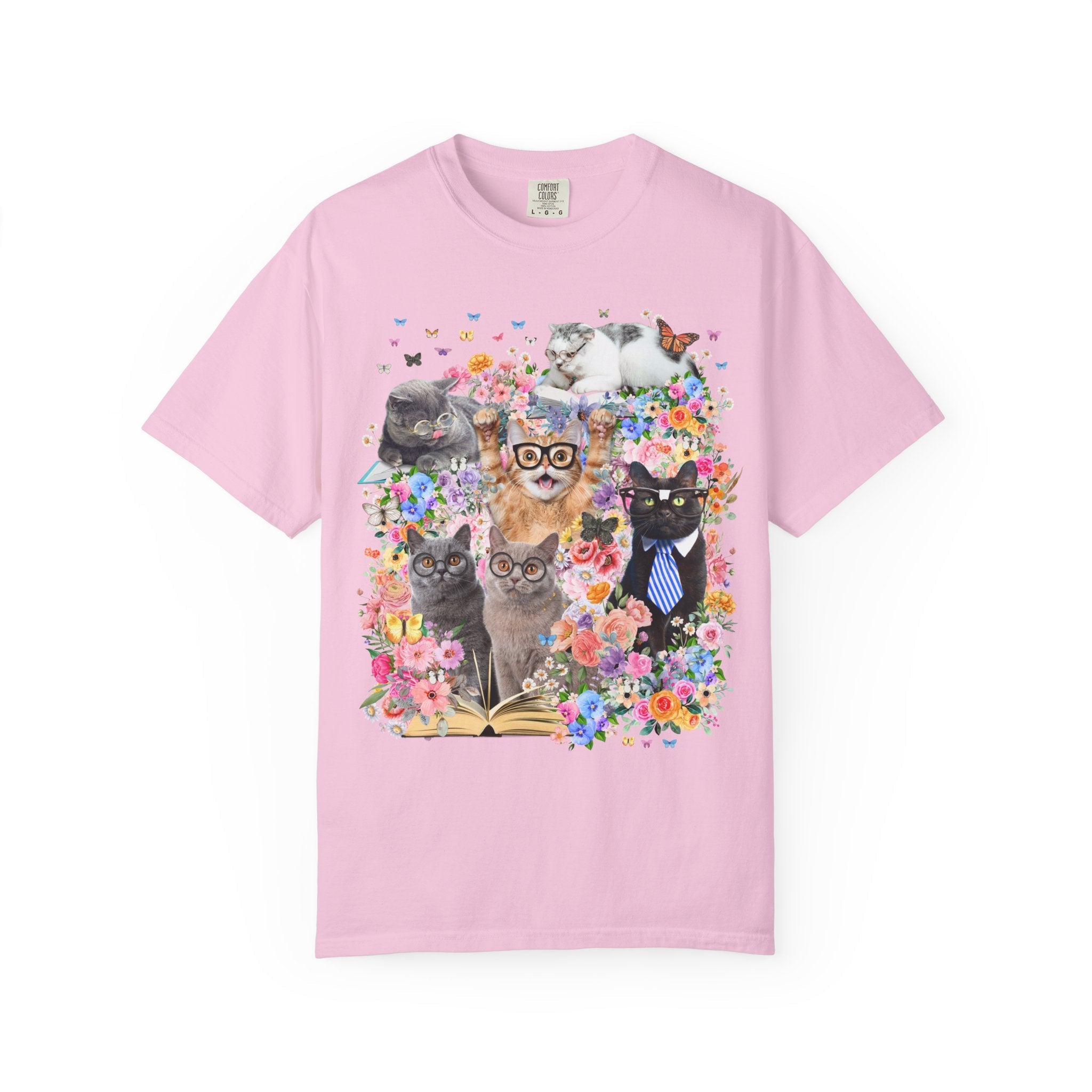 Bookish Cat Teacher Tee Shirt, Floral Dreamcore Cats Wearing Glasses T-Shirt, Funny 90s Aesthetic Animal Lover Tee for Cat Mom or Cat Dad - Opal and June