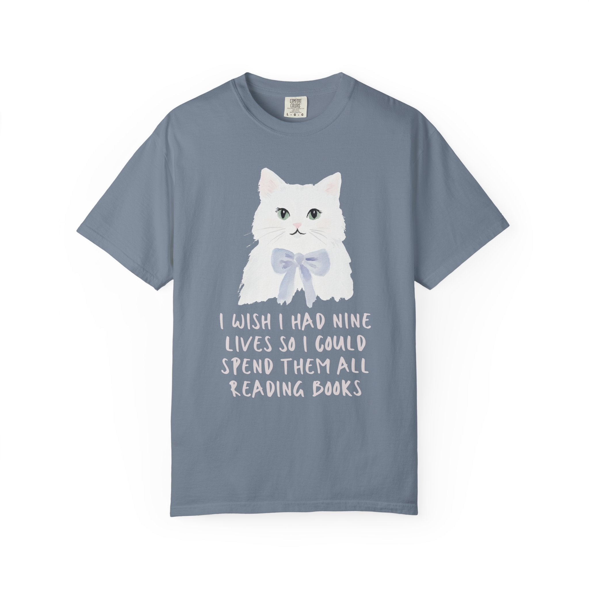 Bookish Cat Tee Shirt: I Wish I Had Nine Lives, Silly Romance Reader Cat Mom T-Shirt, Silly Vintage Aesthetic Animal Lover Tee for Librarian - Opal and June