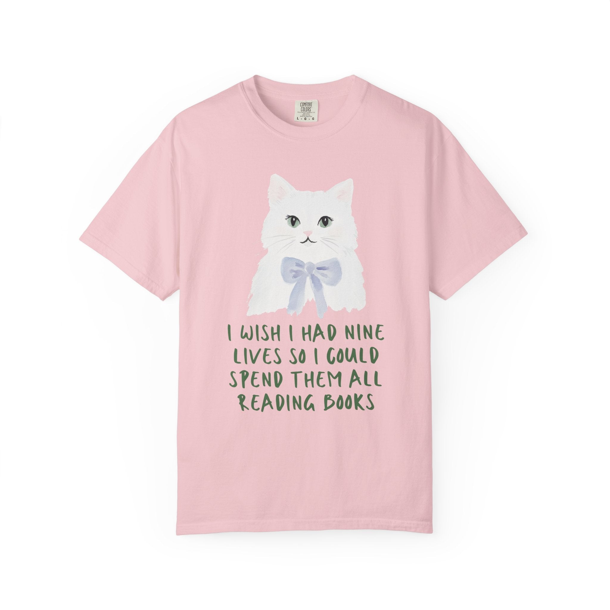 Bookish Cat Tee Shirt: I Wish I Had Nine Lives, Silly Romance Reader Cat Mom T-Shirt, Silly Vintage Aesthetic Animal Lover Tee for Librarian - Opal and June