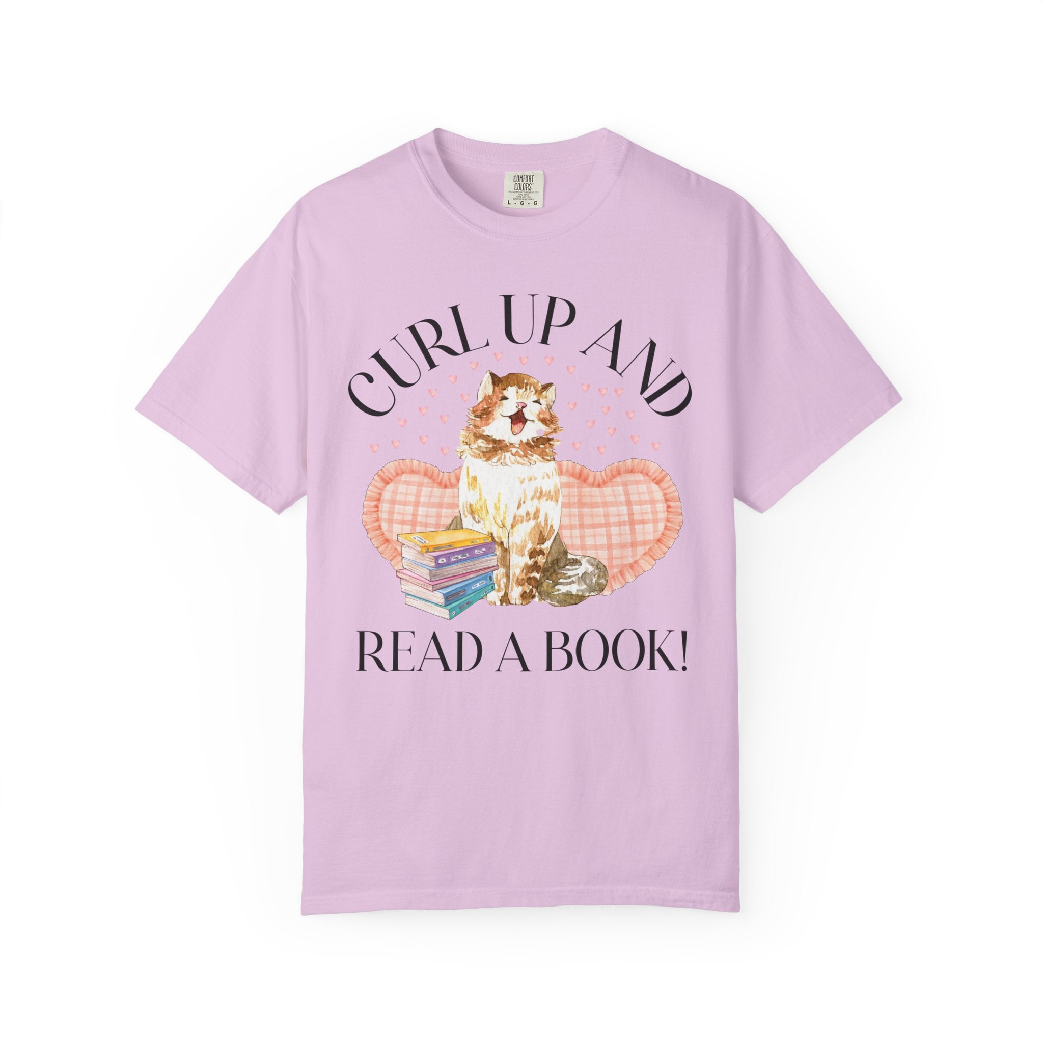 Bookish Cat Tee Shirt with Funny Saying: Curl Up and Read a Book! Cute Cottagecore Reading Tee Shirt for School Librarian or Reading Teacher - Opal and June