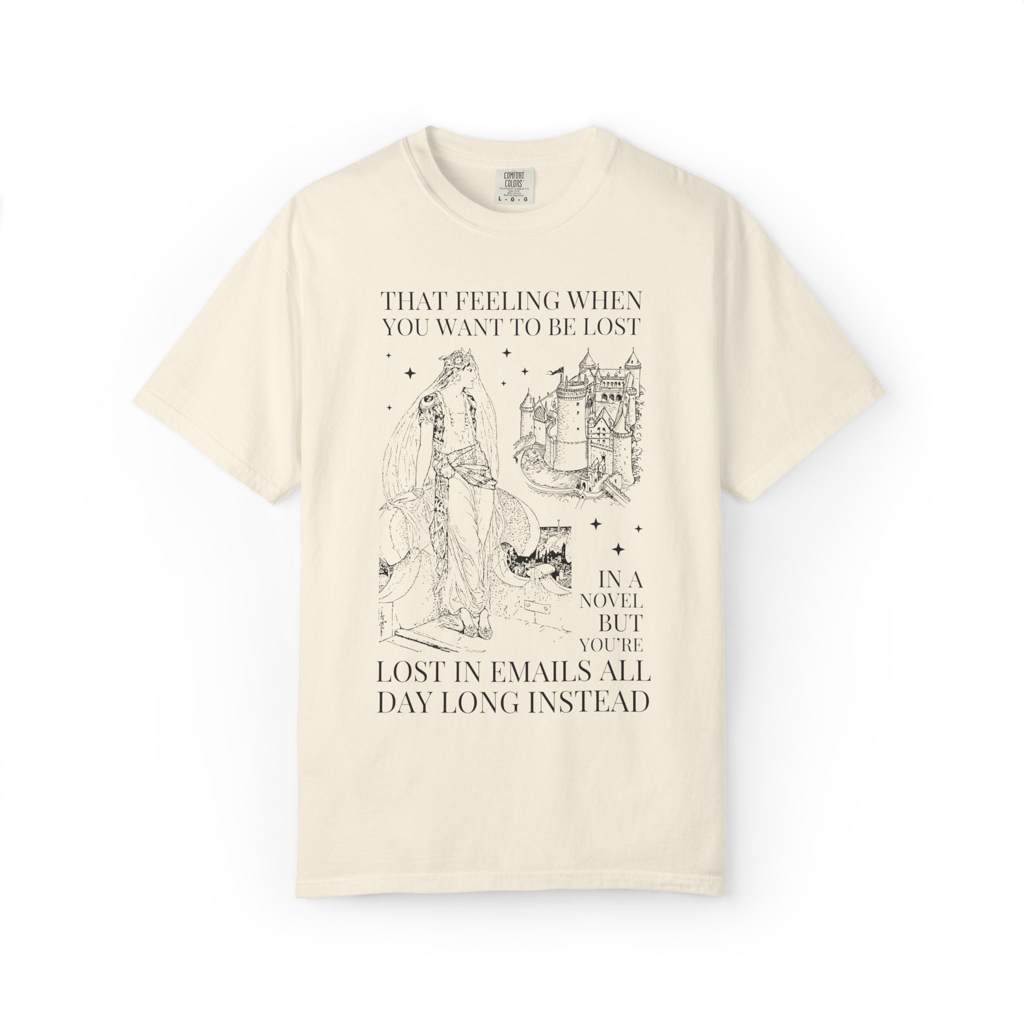 Bookish Co-Worker Matching Tee Shirt for Book Lover, Silly Fantasy Romance Reader Tee Shirt: Lost in Emails Instead, Funny Reading Gift - Opal and June