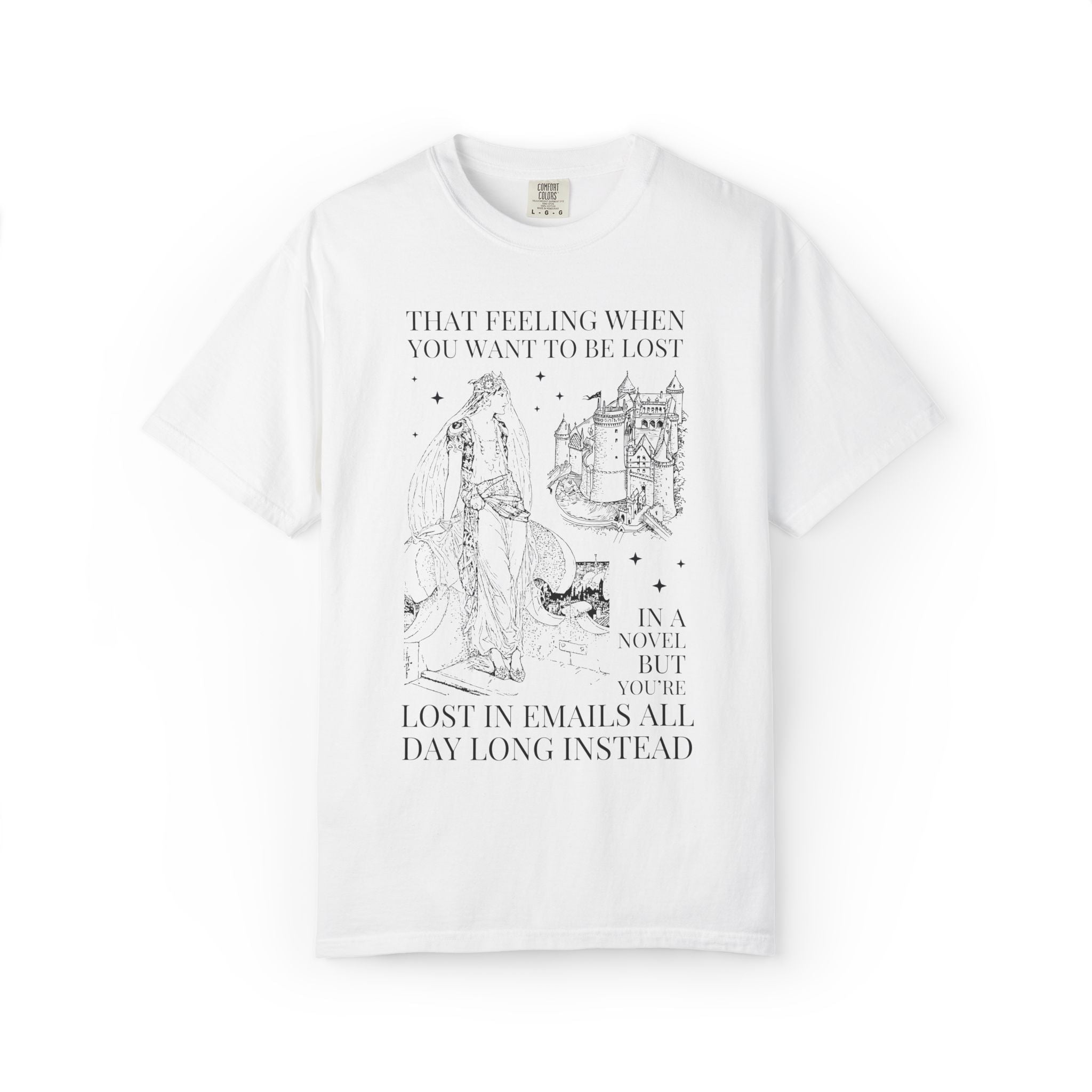 Bookish Co-Worker Matching Tee Shirt for Book Lover, Silly Fantasy Romance Reader Tee Shirt: Lost in Emails Instead, Funny Reading Gift - Opal and June