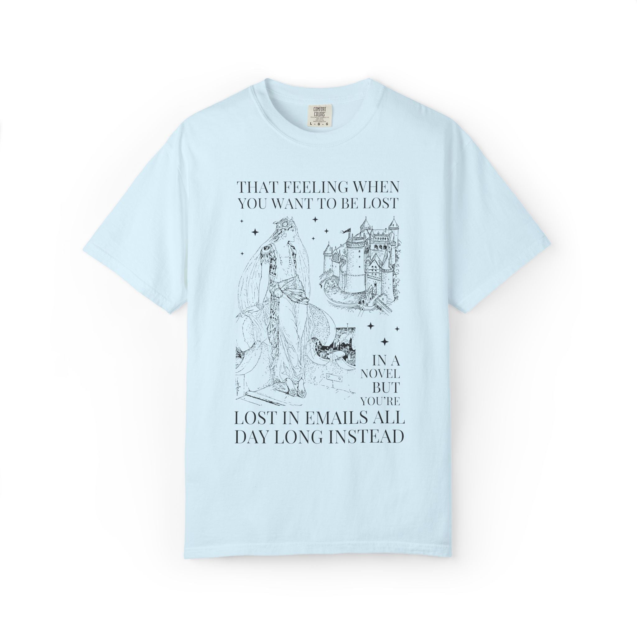 Bookish Co-Worker Matching Tee Shirt for Book Lover, Silly Fantasy Romance Reader Tee Shirt: Lost in Emails Instead, Funny Reading Gift - Opal and June