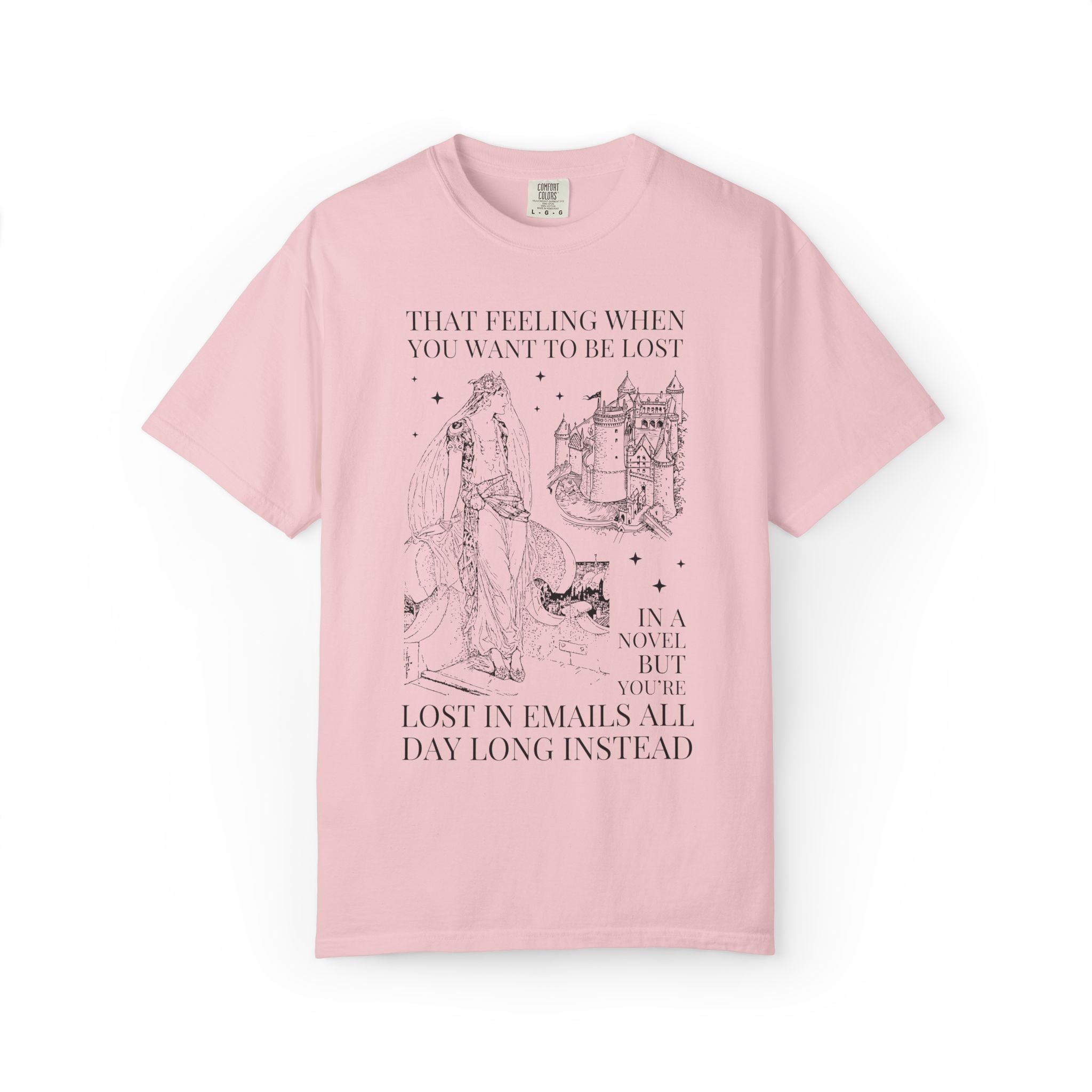 Bookish Co-Worker Matching Tee Shirt for Book Lover, Silly Fantasy Romance Reader Tee Shirt: Lost in Emails Instead, Funny Reading Gift - Opal and June