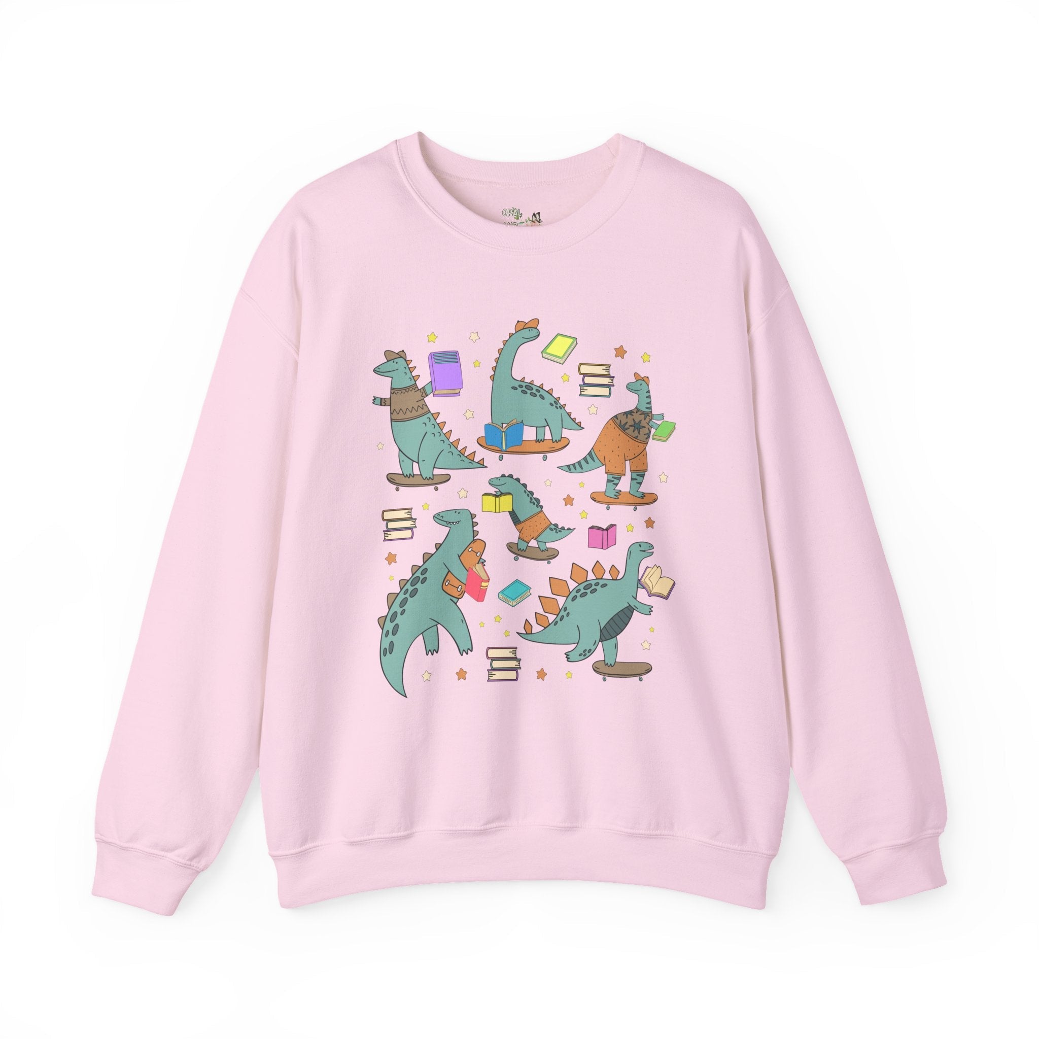 Bookish Dinosaur Animal Lover Book Sweatshirt: Colorful Maximalist School Librarian or Reading Month Crewneck for Teacher, Paleontologist Bookworm - Opal and June